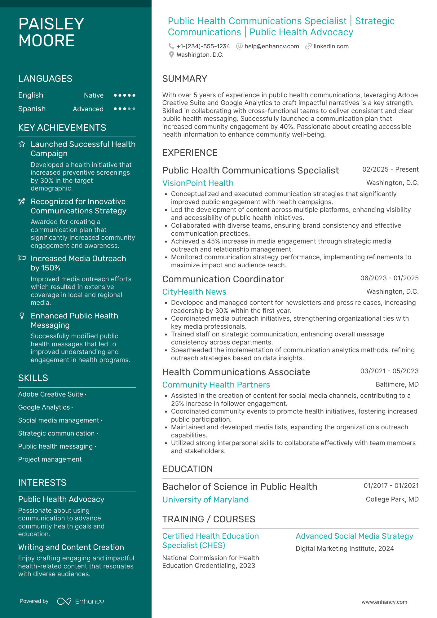 A resume example of a Public Health Communications Specialist
