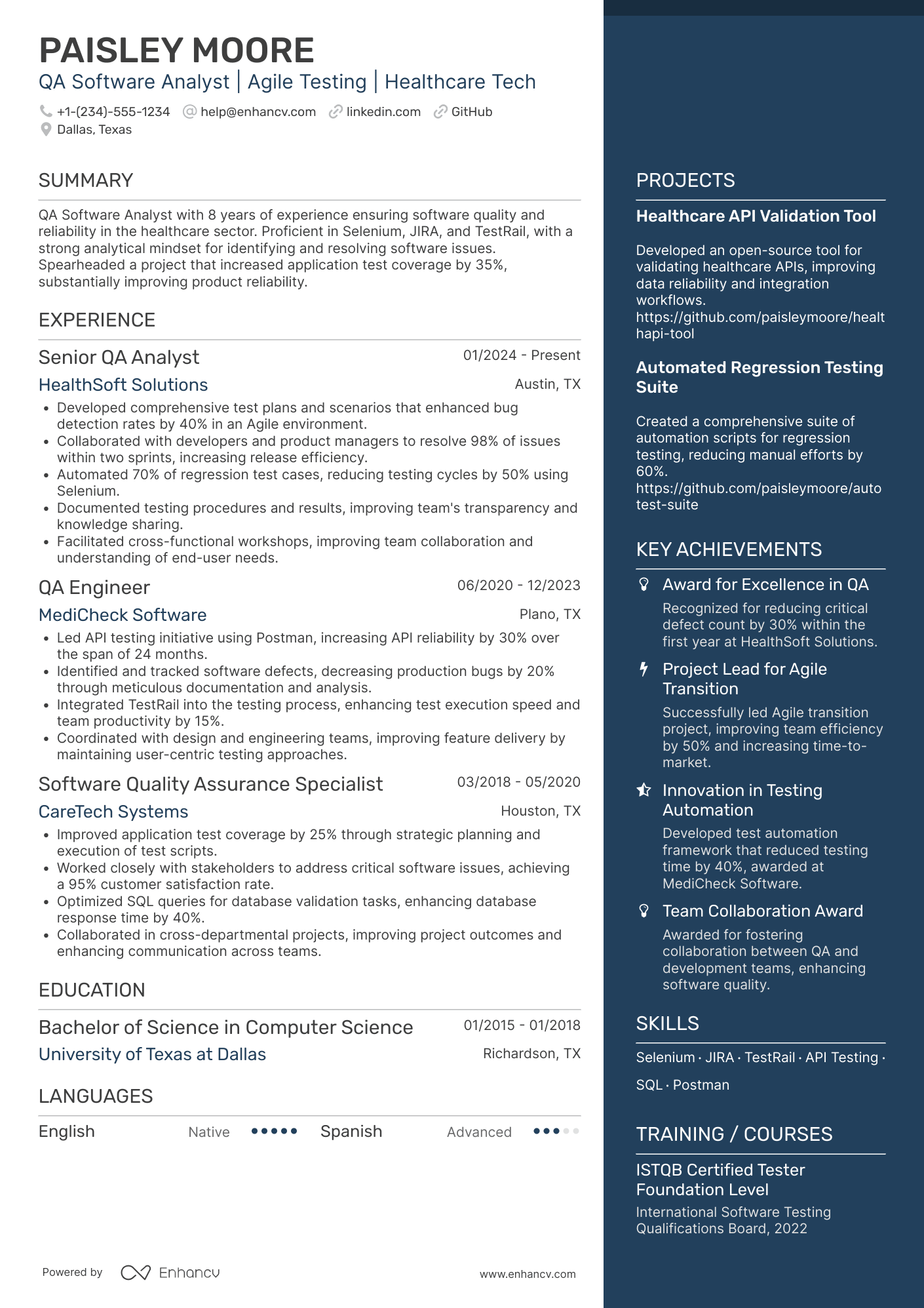 A resume example of a QA Software Analyst