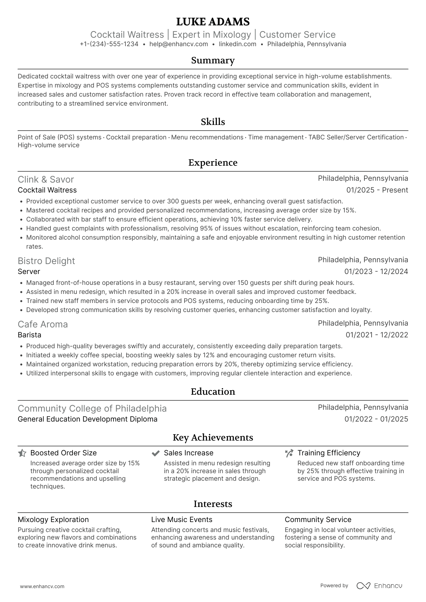 A resume example of a Cocktail Waitress