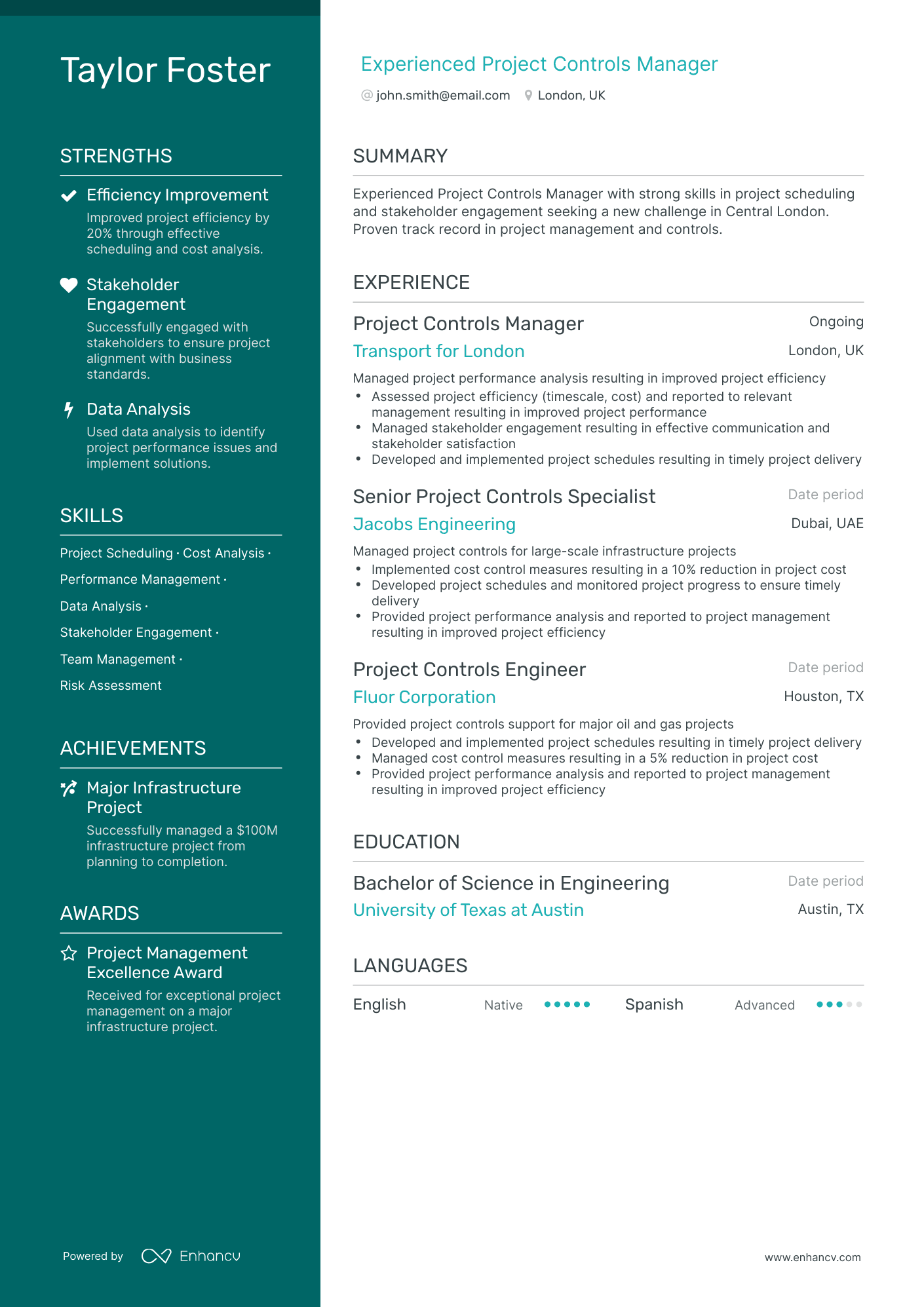 Polished Project Controls Manager Resume Template