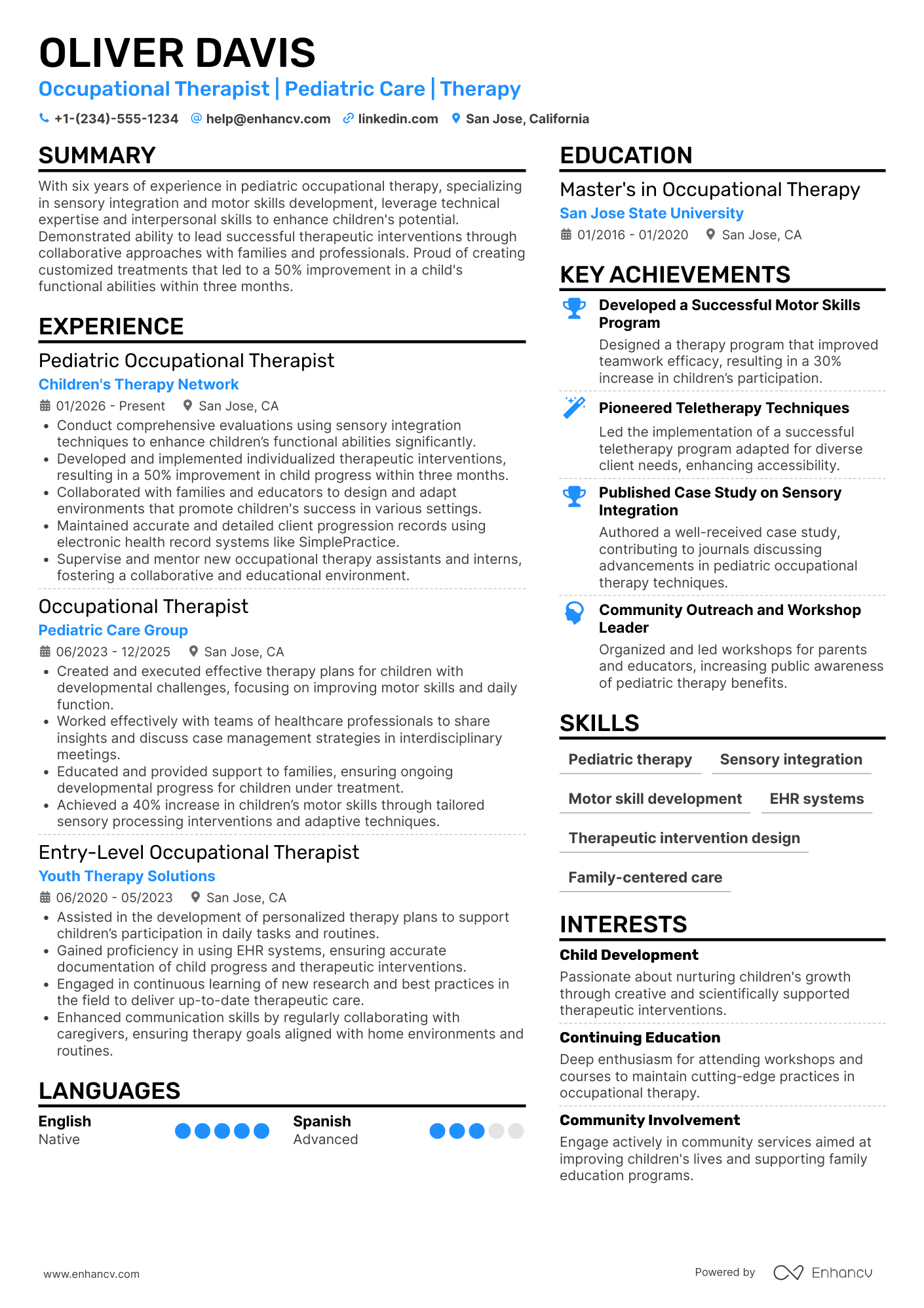 A resume example of a Pediatric Occupational Therapist