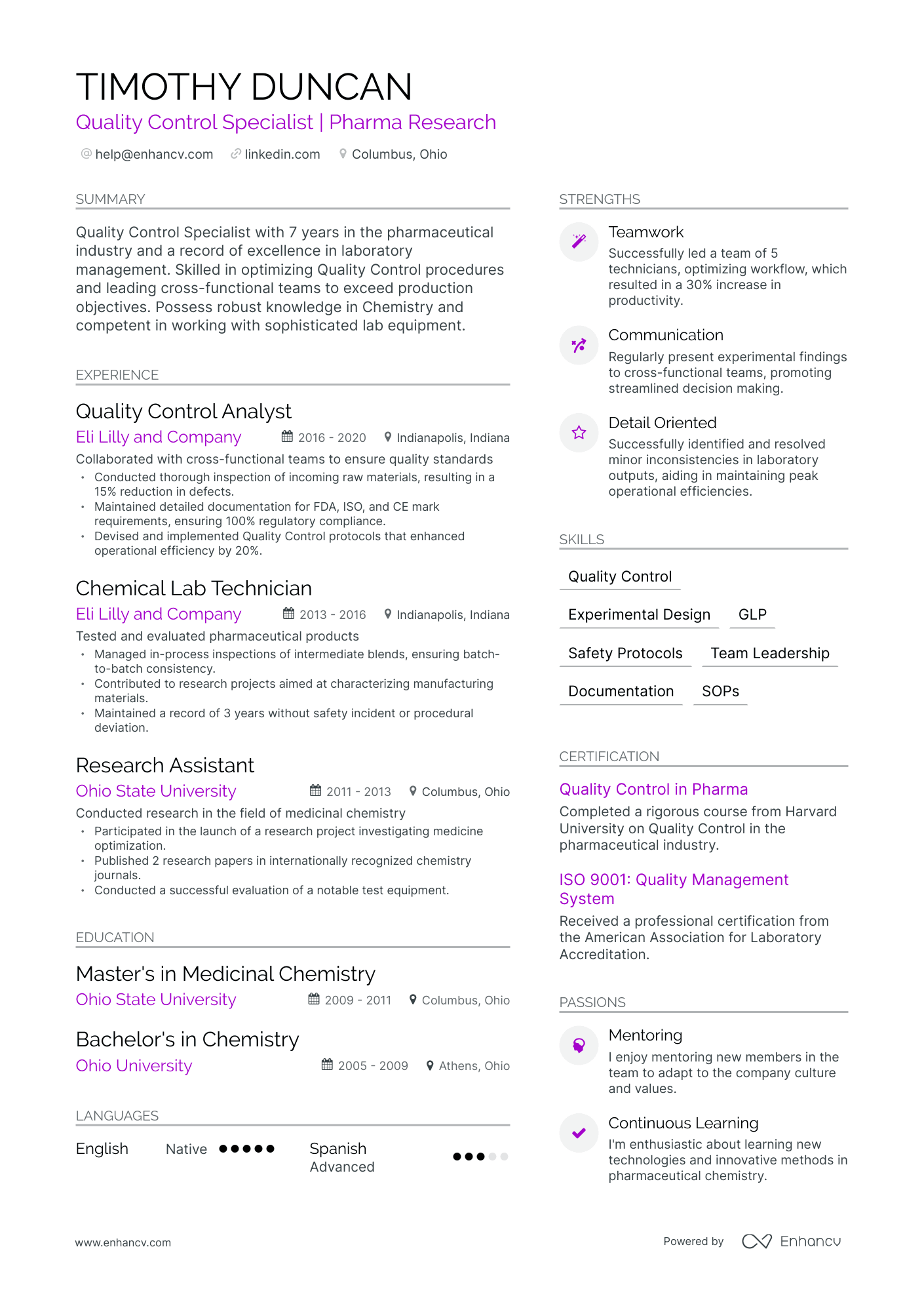 resume format for experienced quality control