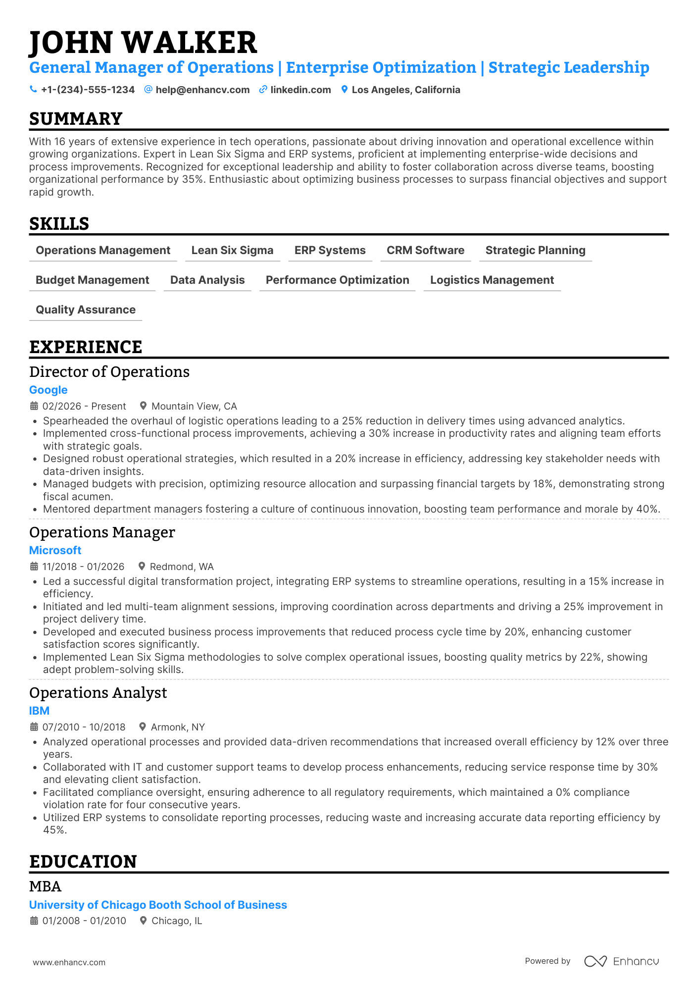 A resume example of a General Manager of Operations