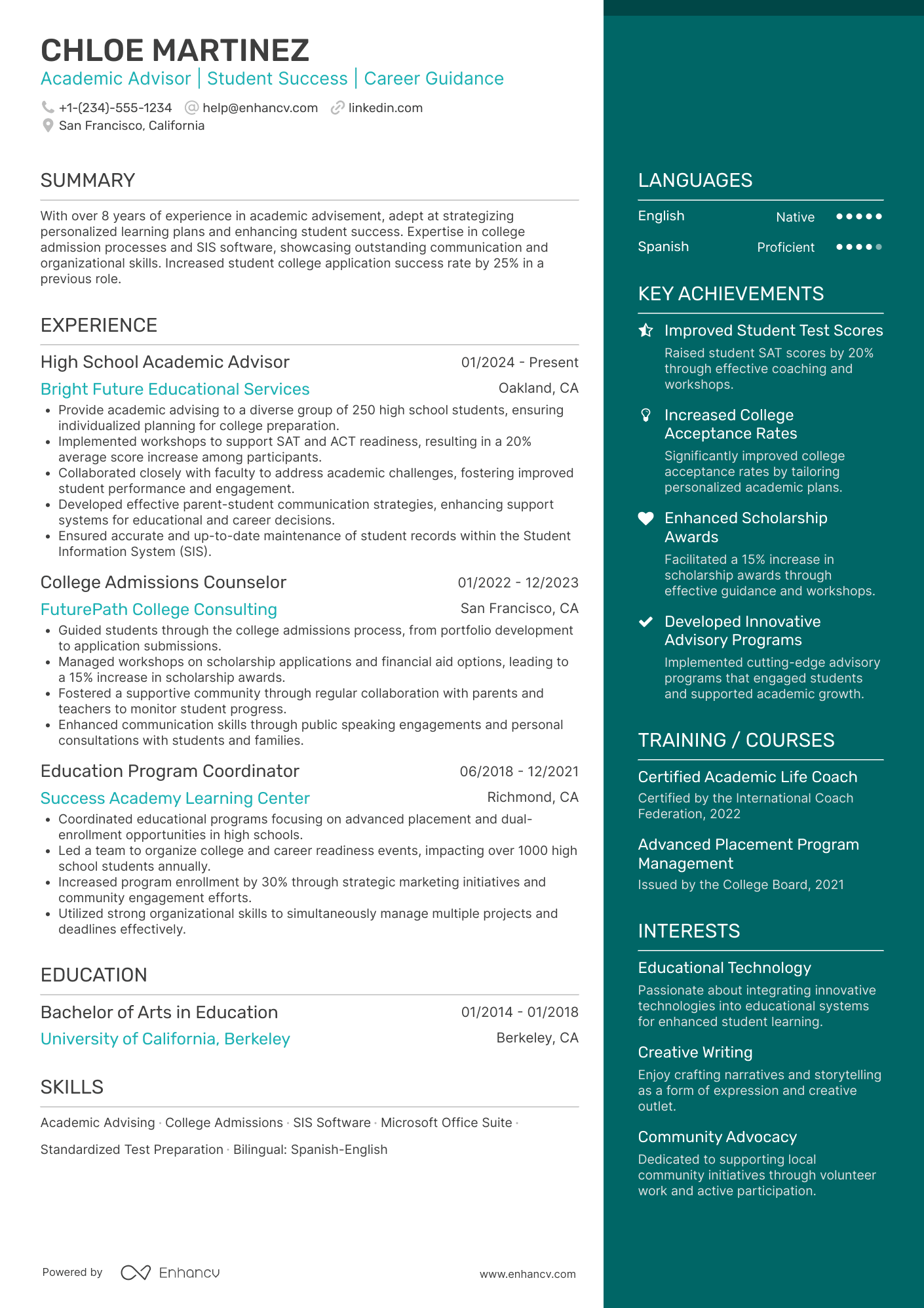 A resume example of a High School Academic