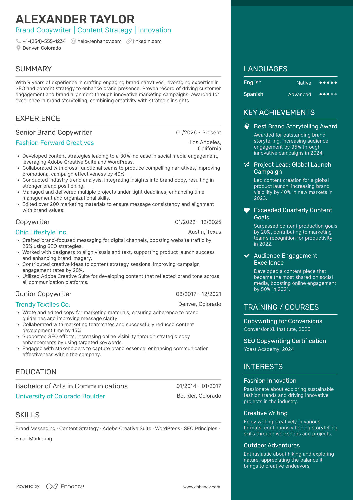A resume example of a Brand Copywriter
