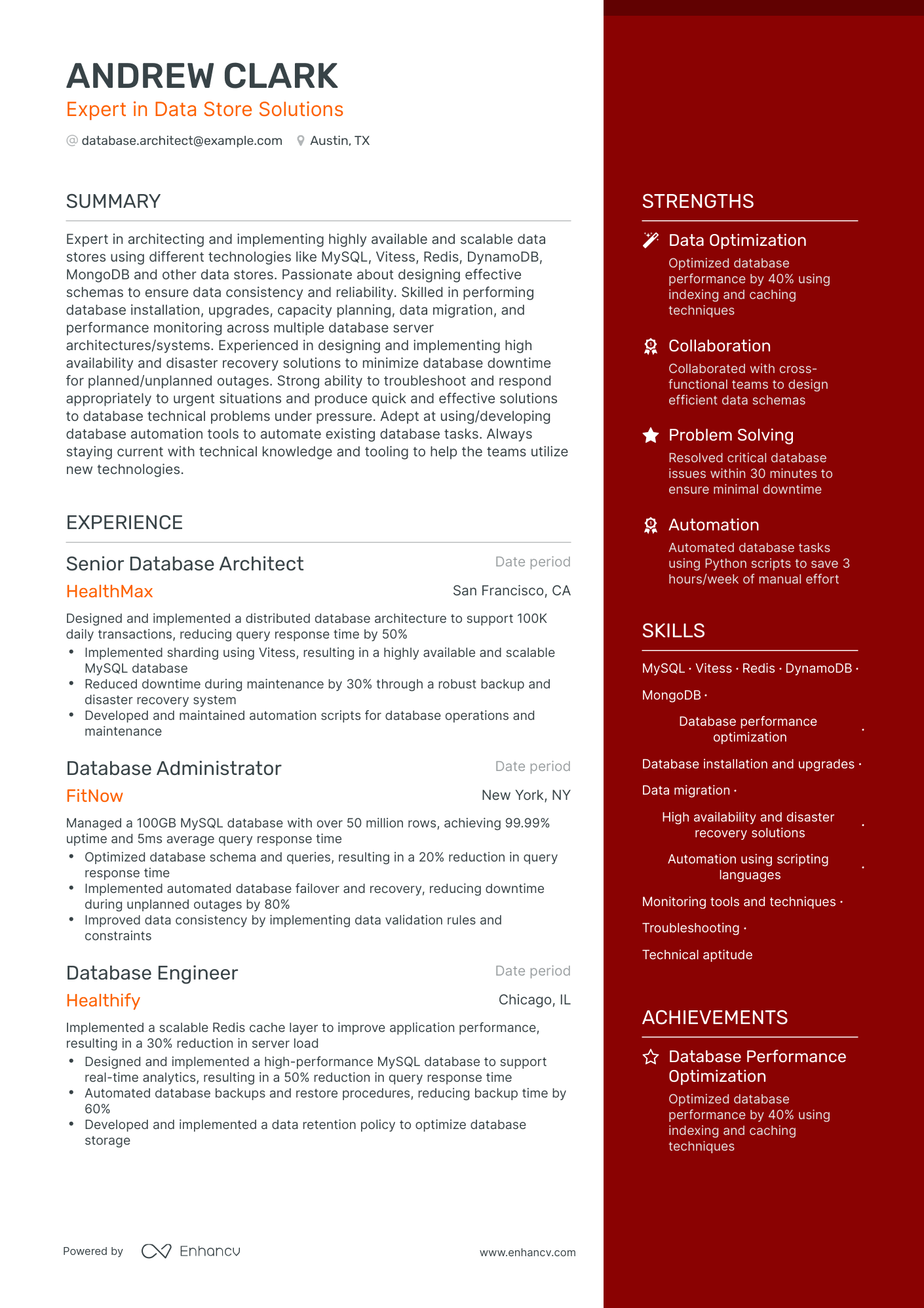 One Page Database Architect Resume Template