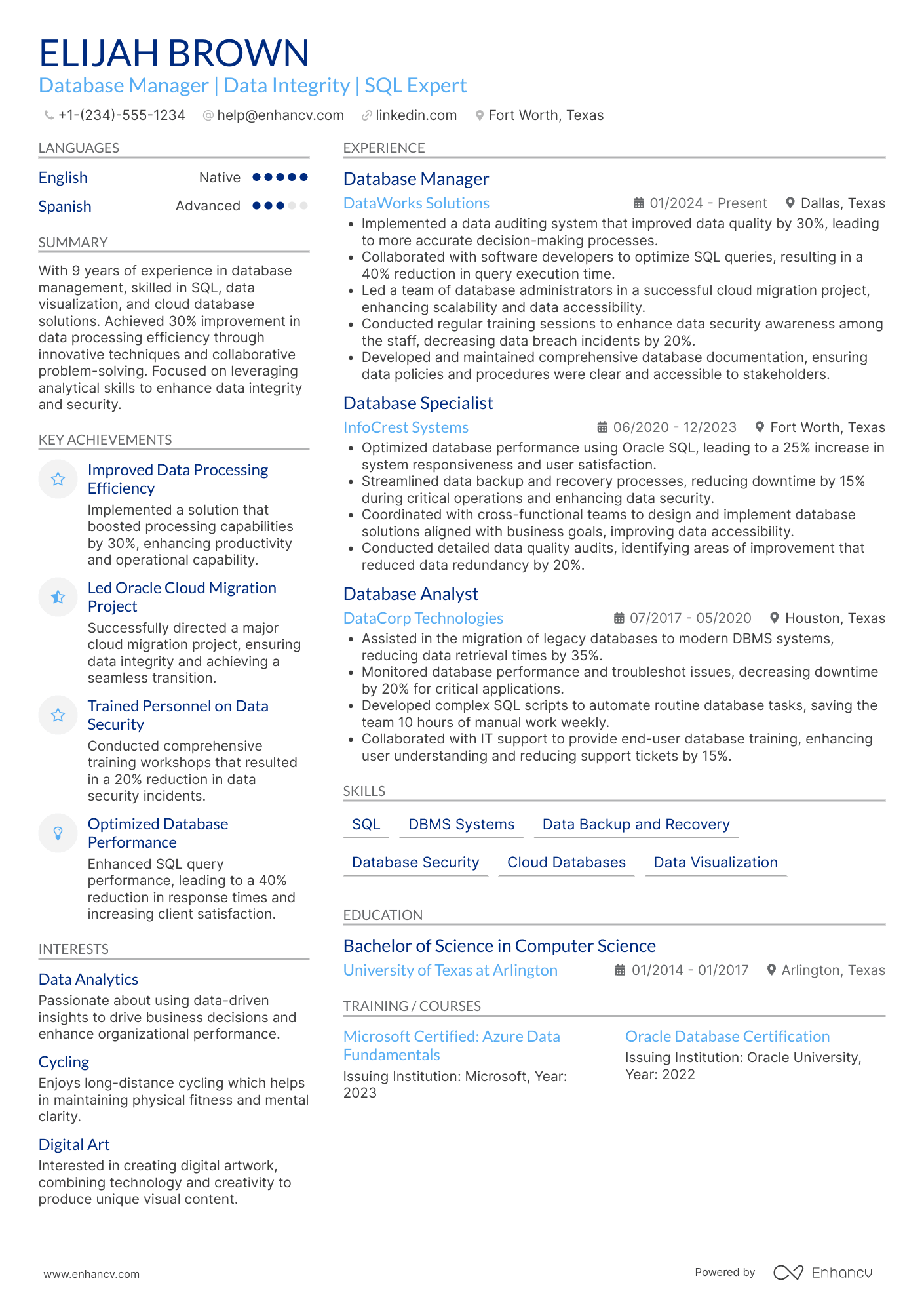 A resume example of a Database Assistant