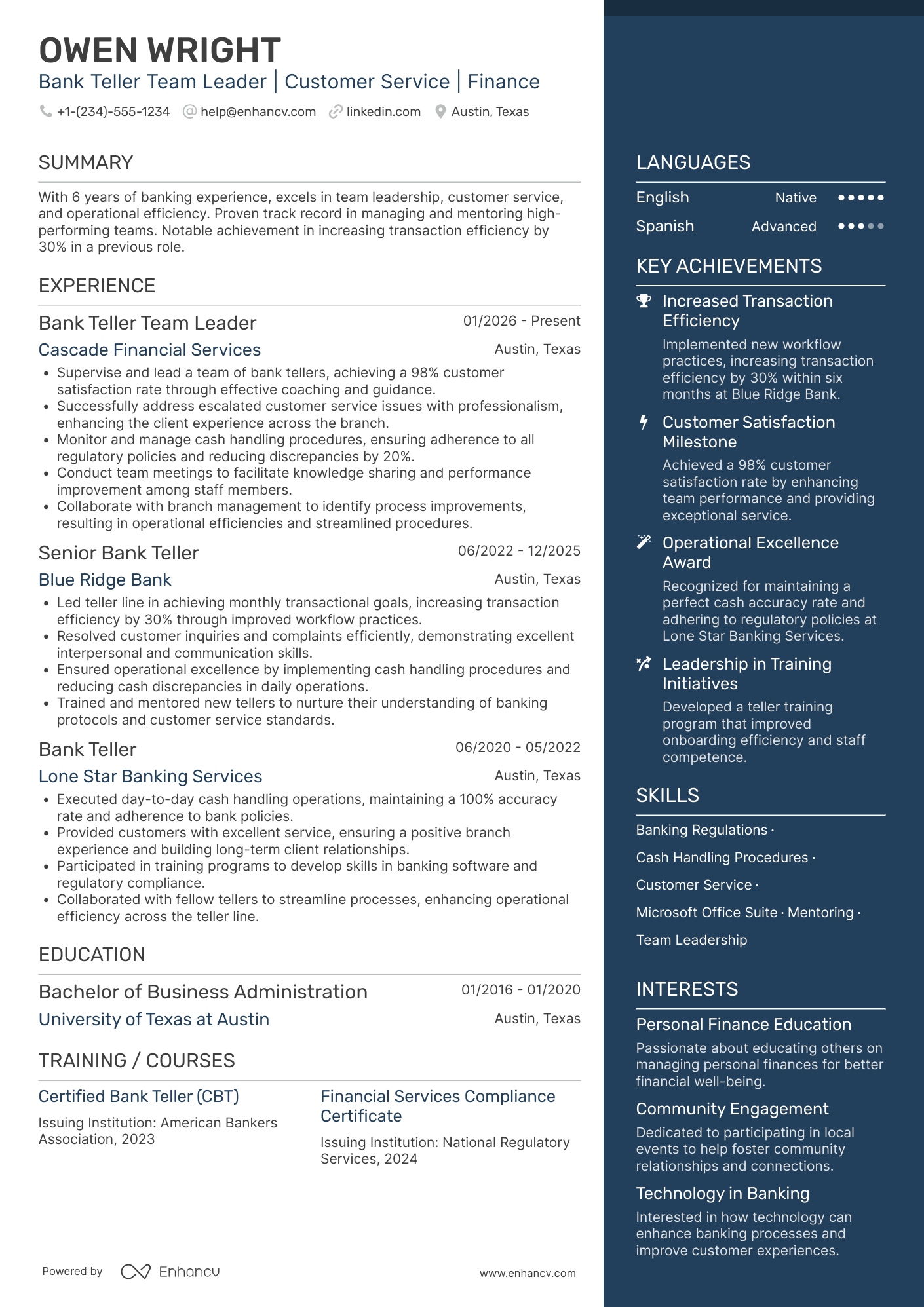 A resume example of a Bank Teller Team Leader