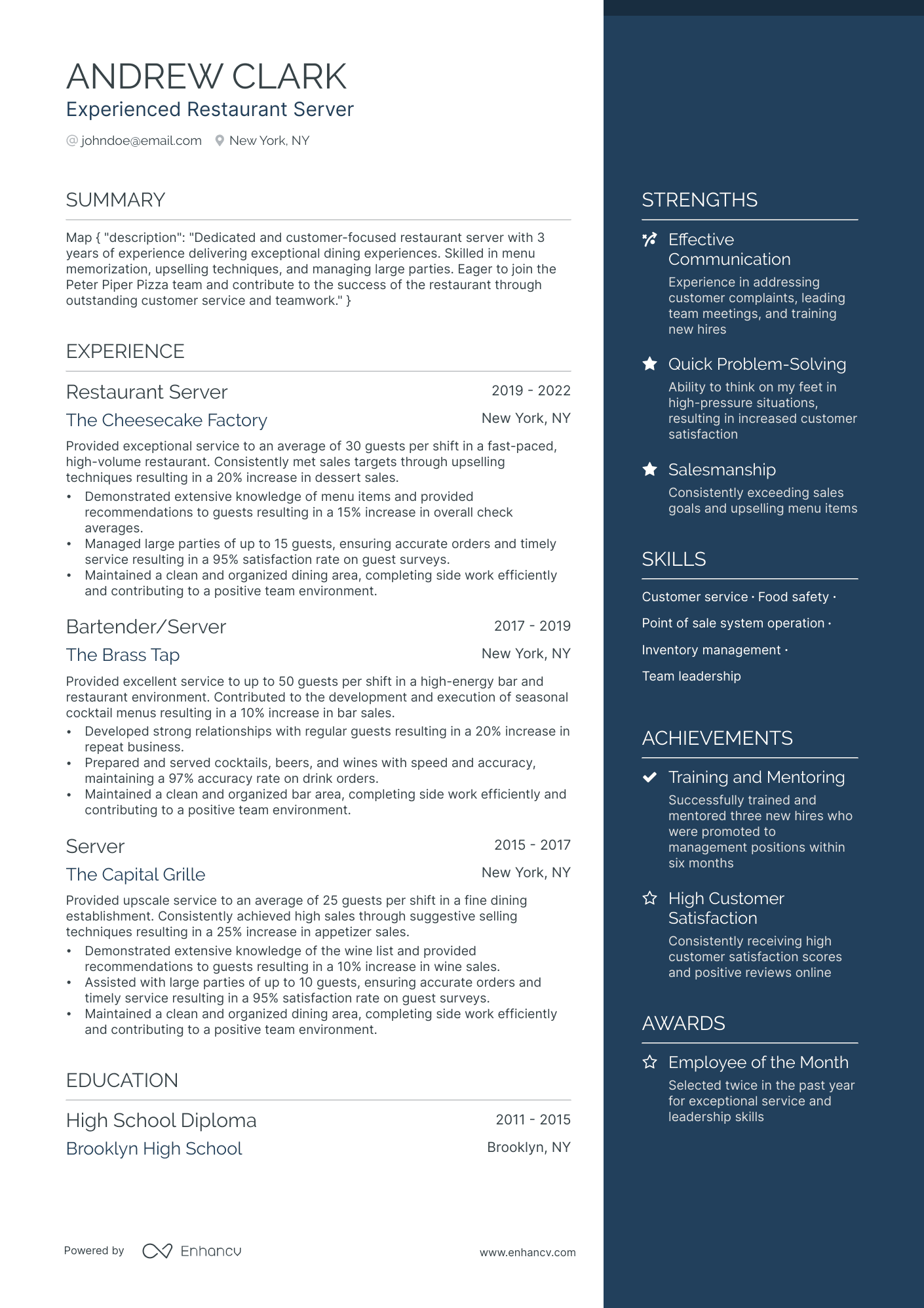 resume examples restaurant server