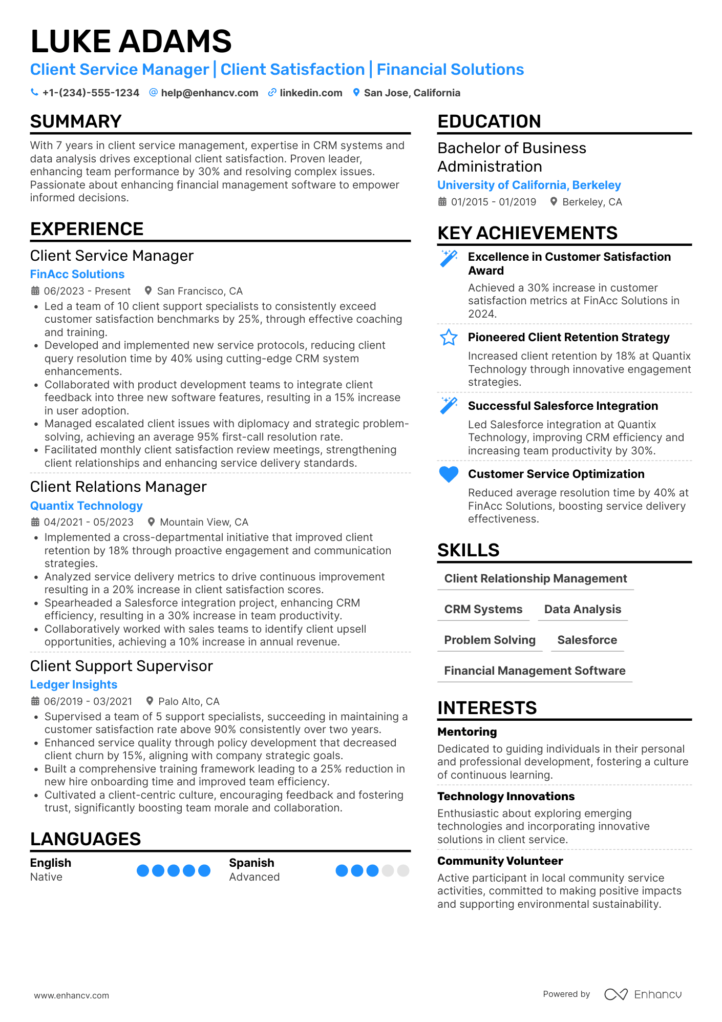 A resume example of a Client Service Manager