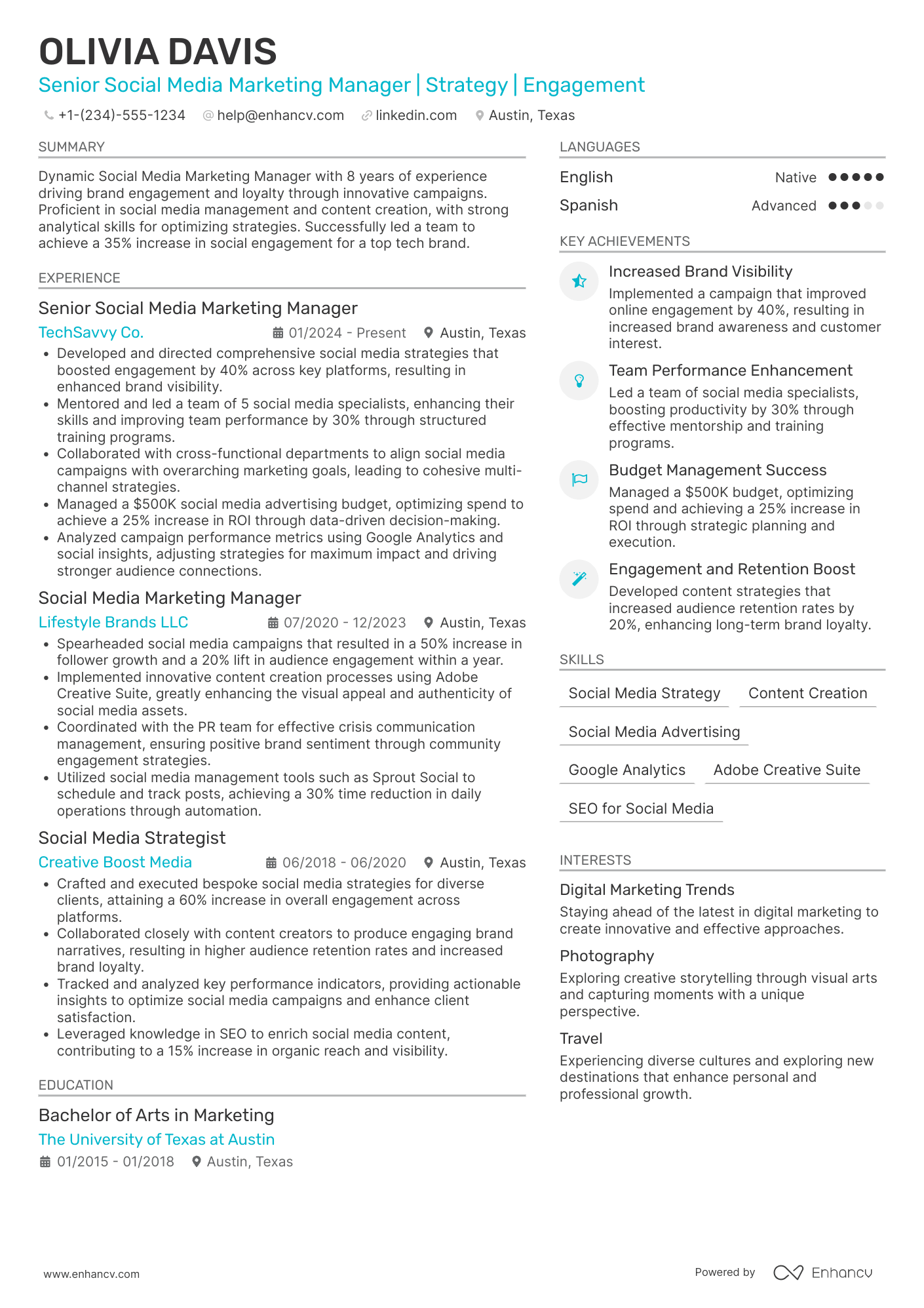 A resume example of a Senior Social Media Marketing Manager