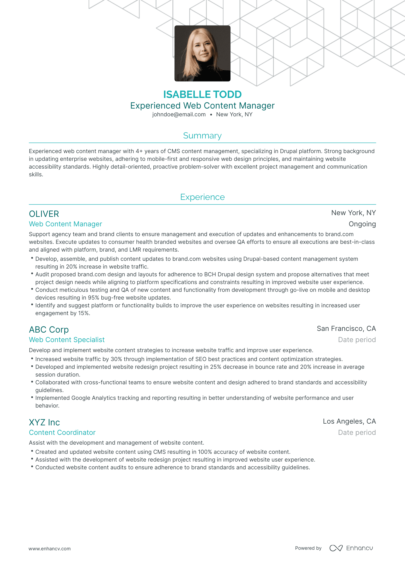Traditional Web Content Manager Resume Template