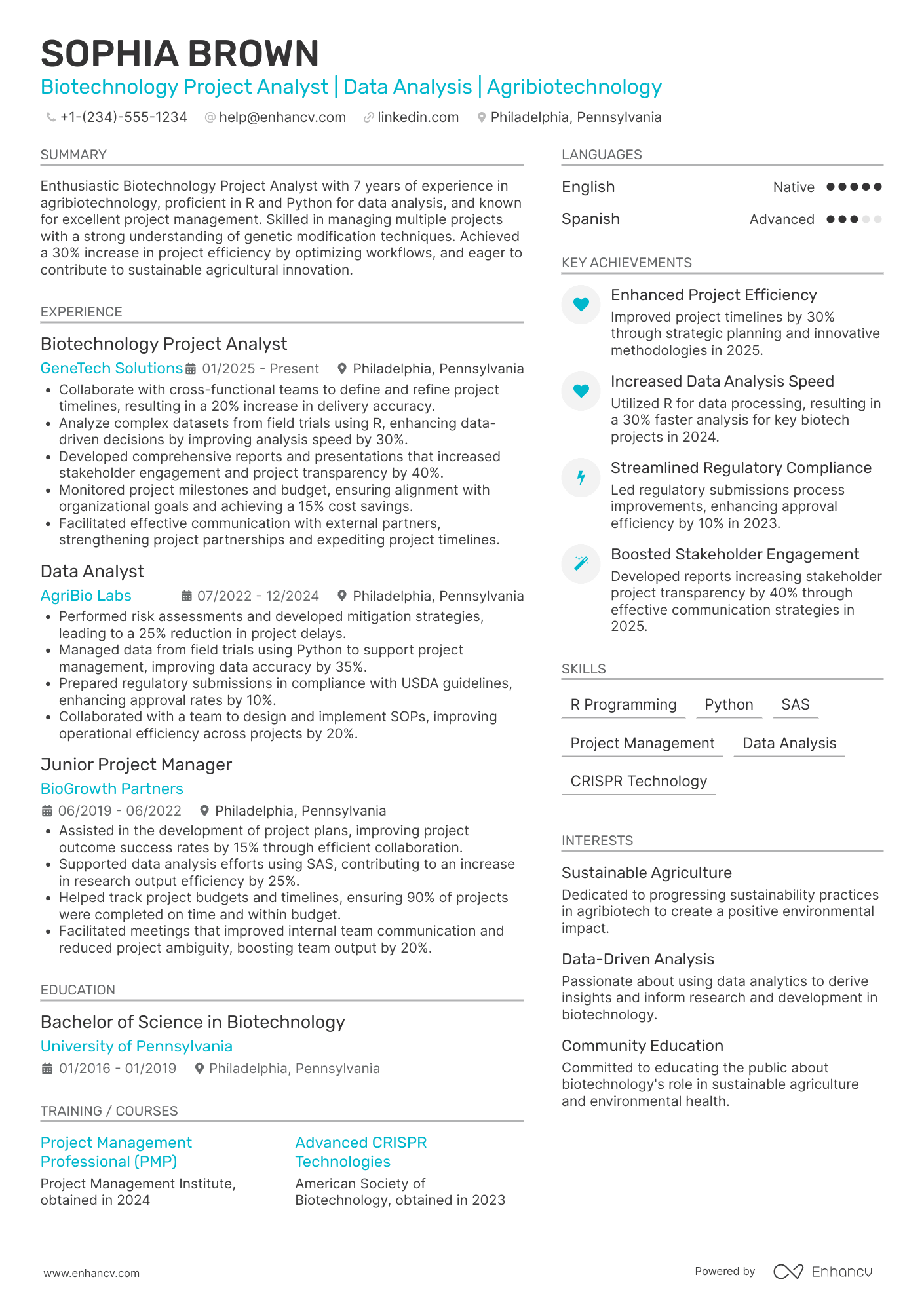 A resume example of a Biotechnology Project Analyst