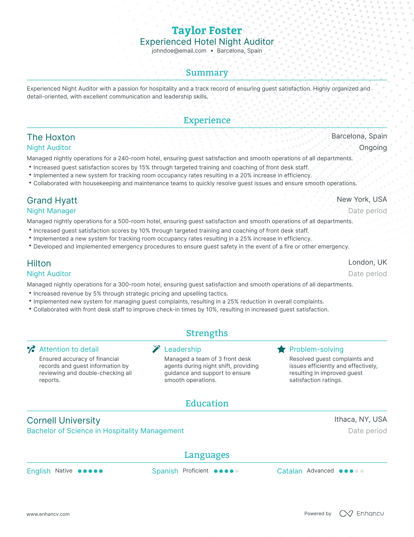 Traditional Hotel Night Auditor Resume Template