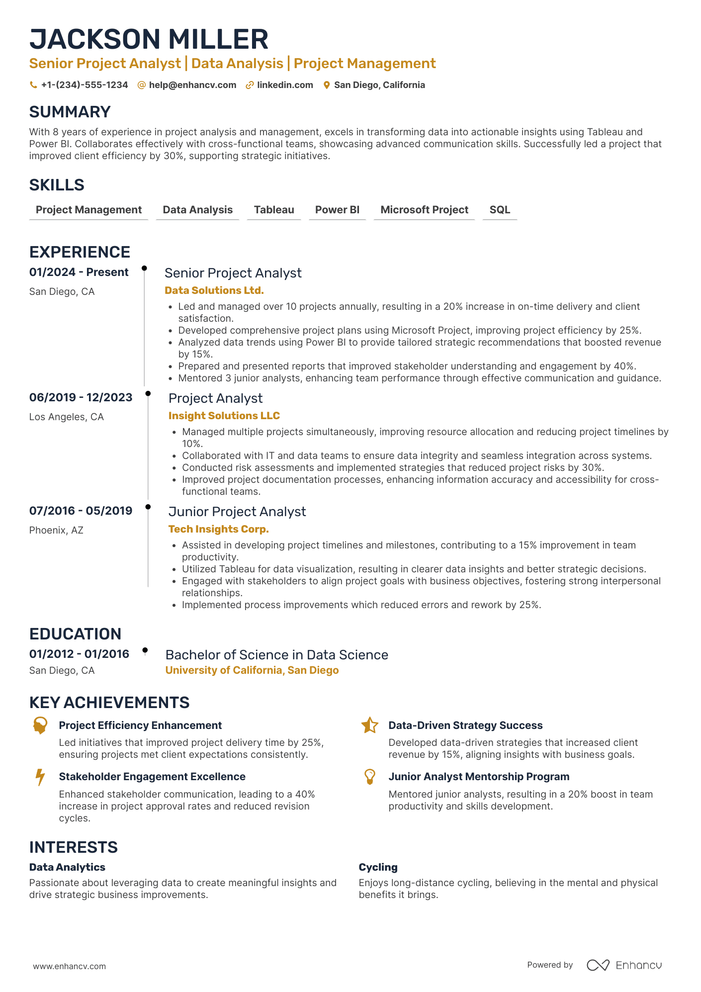 A resume example of a Senior Project Analyst