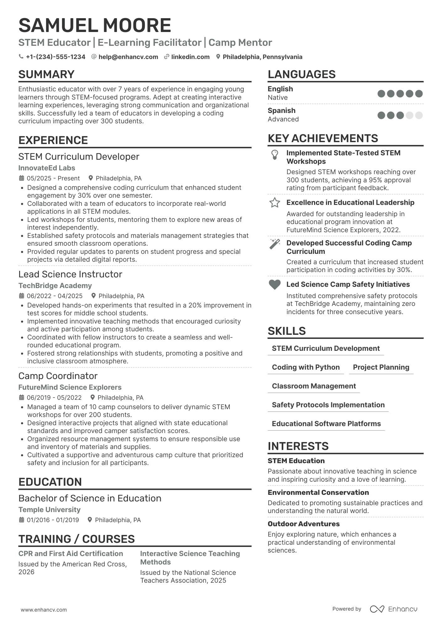 A resume example of a Science Camp Counselor
