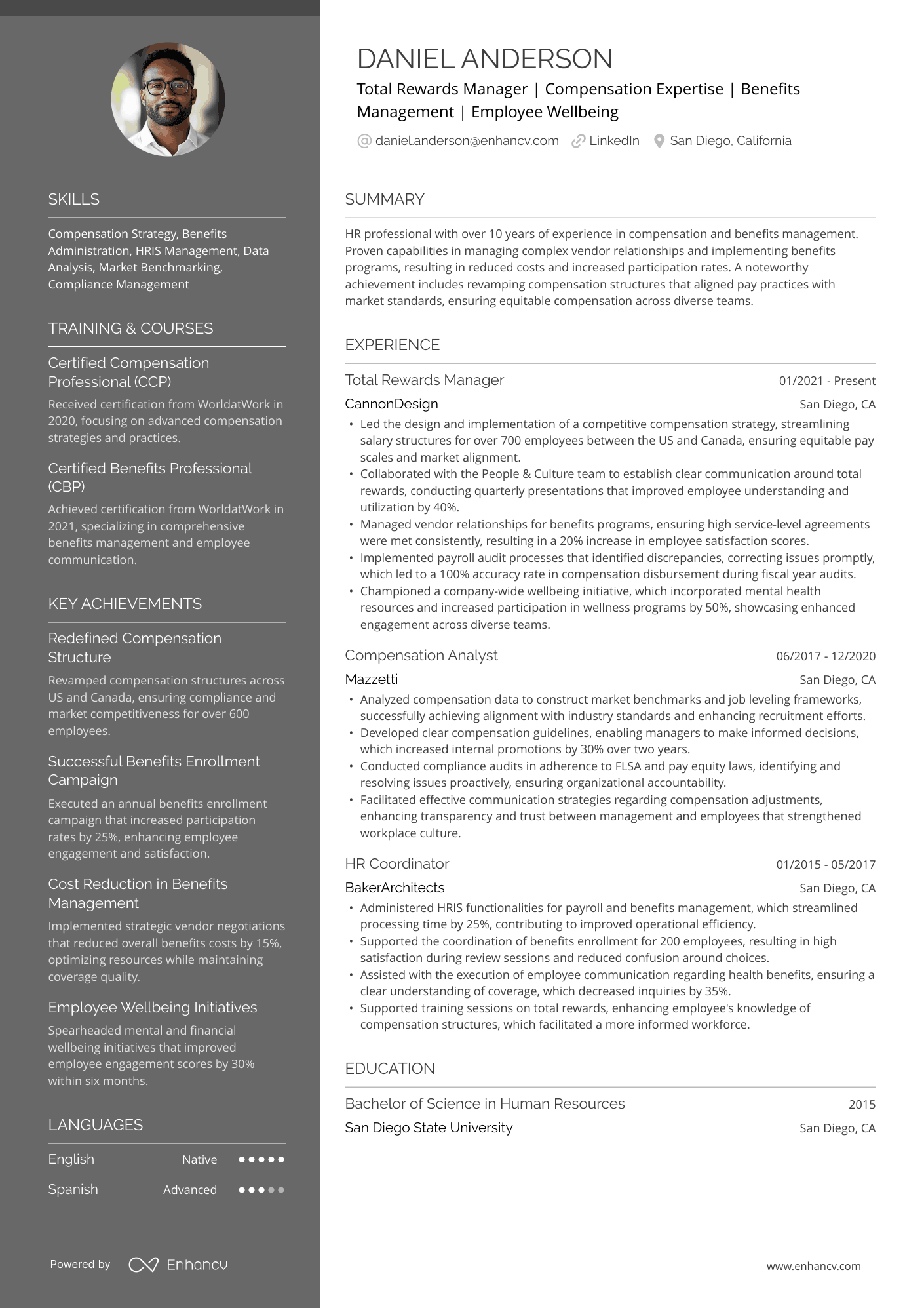 A resume example of a HR Compensation & Benefits Specialist (Total Rewards)