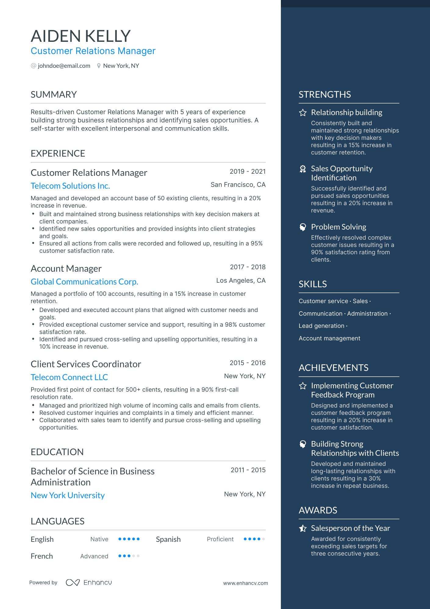 One Page Customer Relations Manager Resume Template