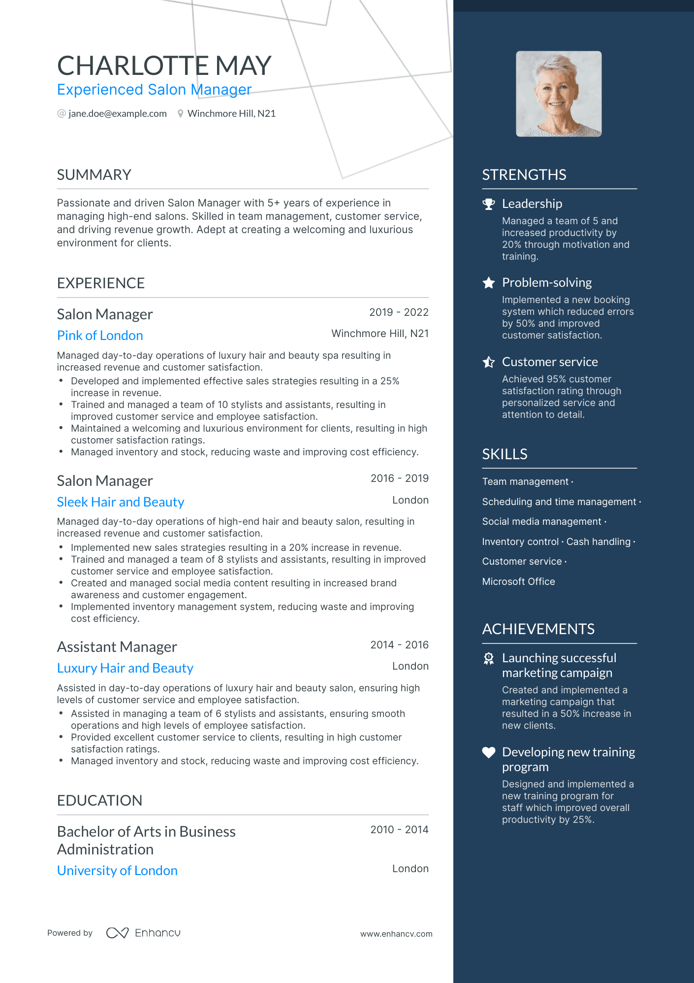 One Page Salon Manager Resume Template