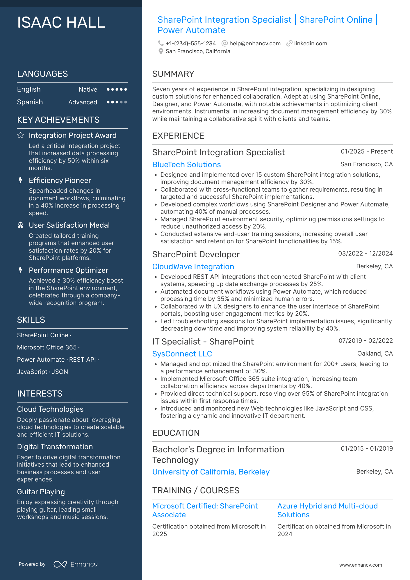 A resume example of a SharePoint Integration Specialist