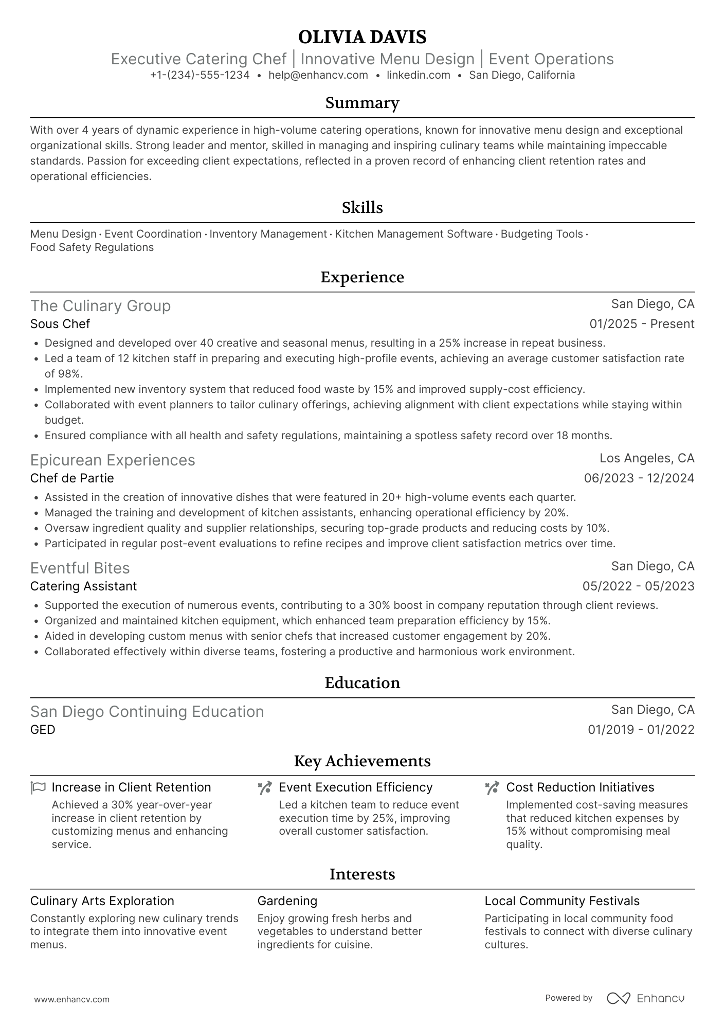 A resume example of a Executive Catering Chef
