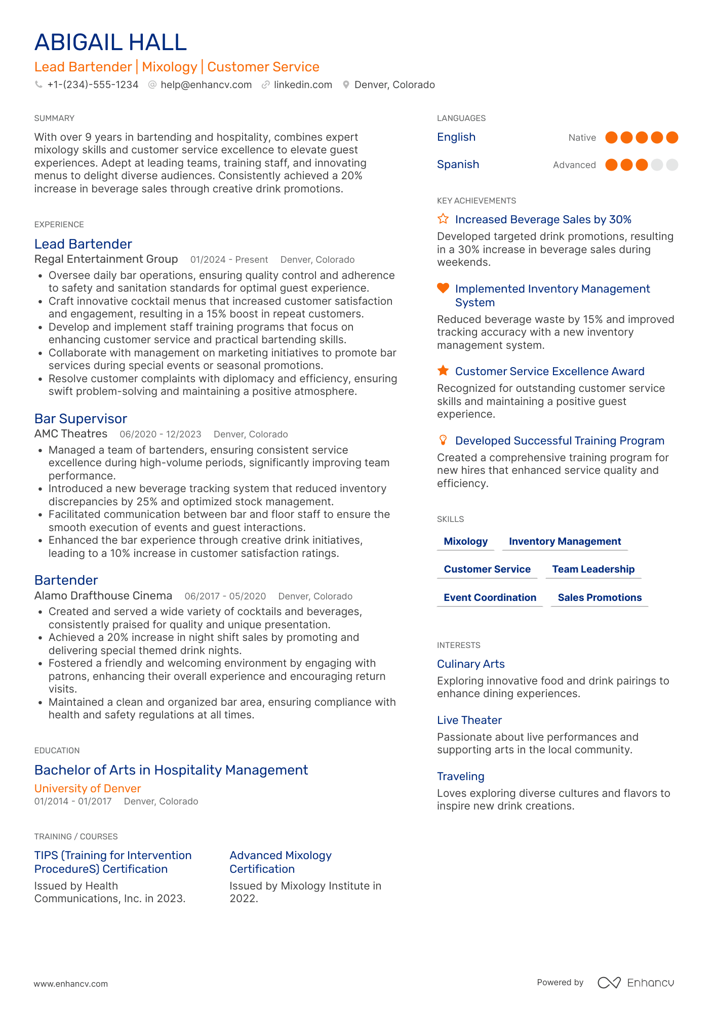 A resume example of a Theatre Concessions Lead Bartender