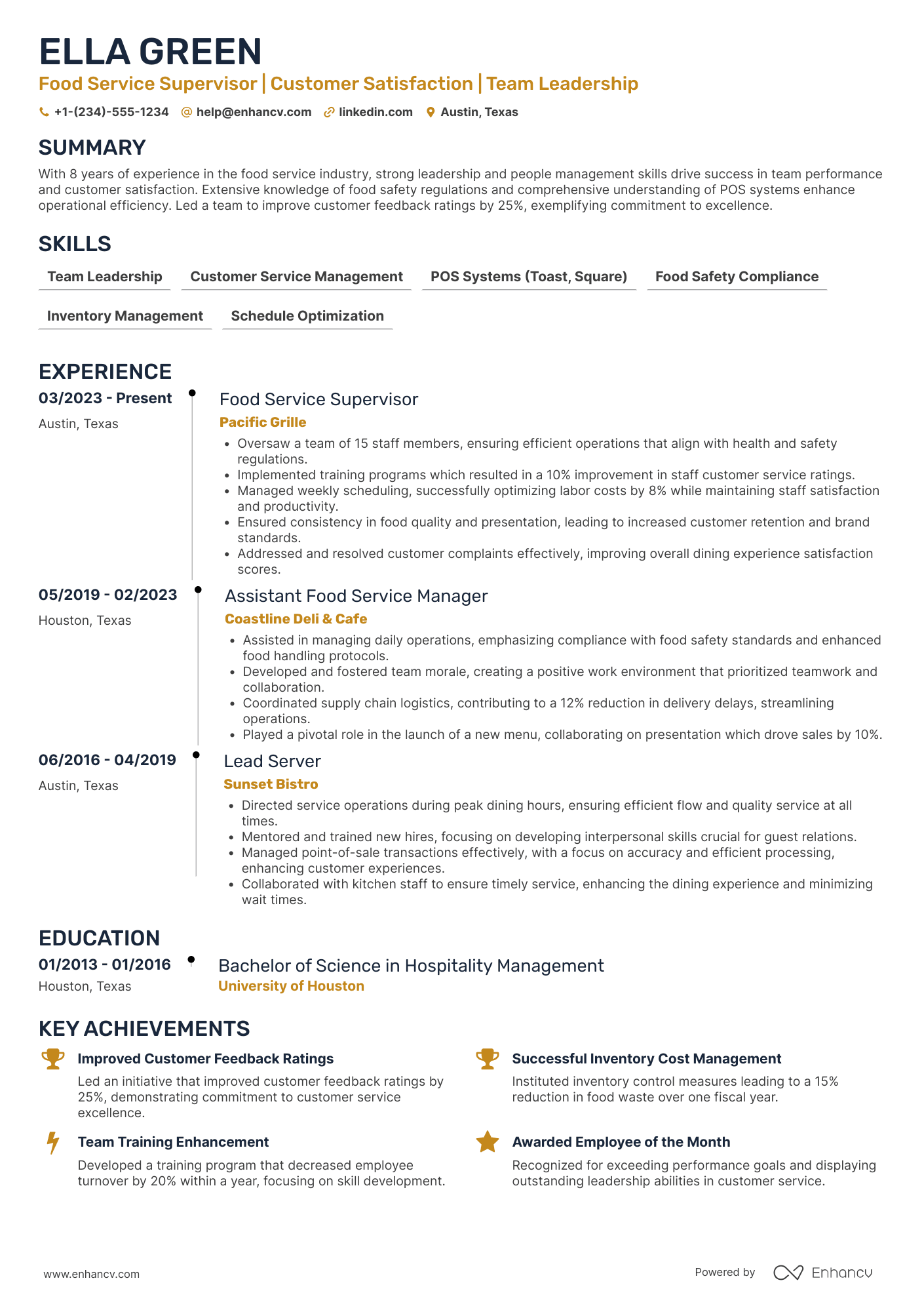 A resume example of a Food Service Supervisor