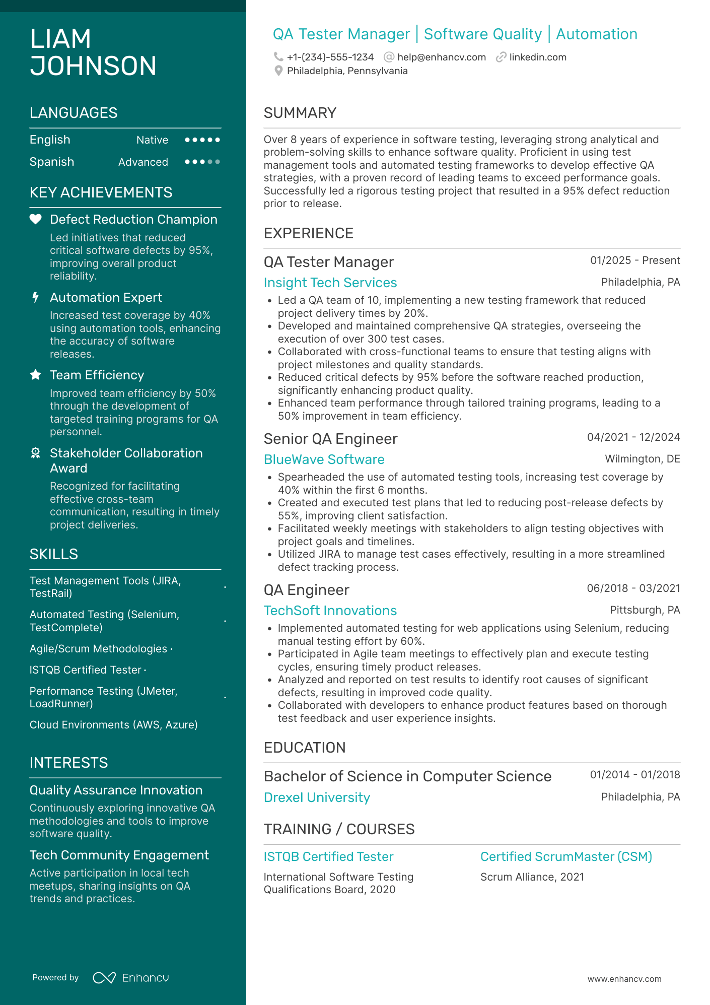 A resume example of a QA Tester Manager