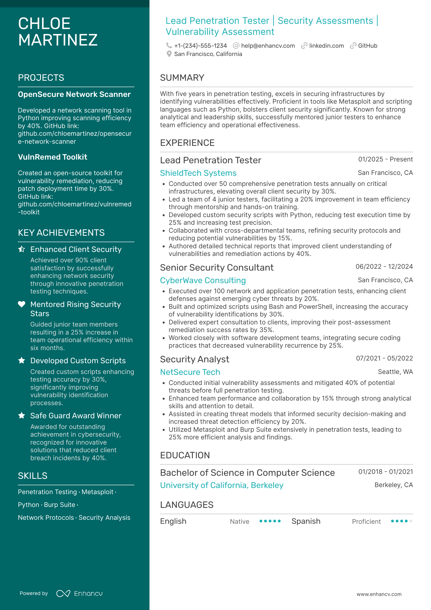 A resume example of a Lead Penetration Tester