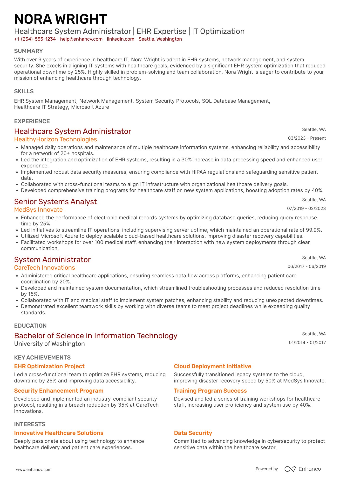 A resume example of a Healthcare System Administrator
