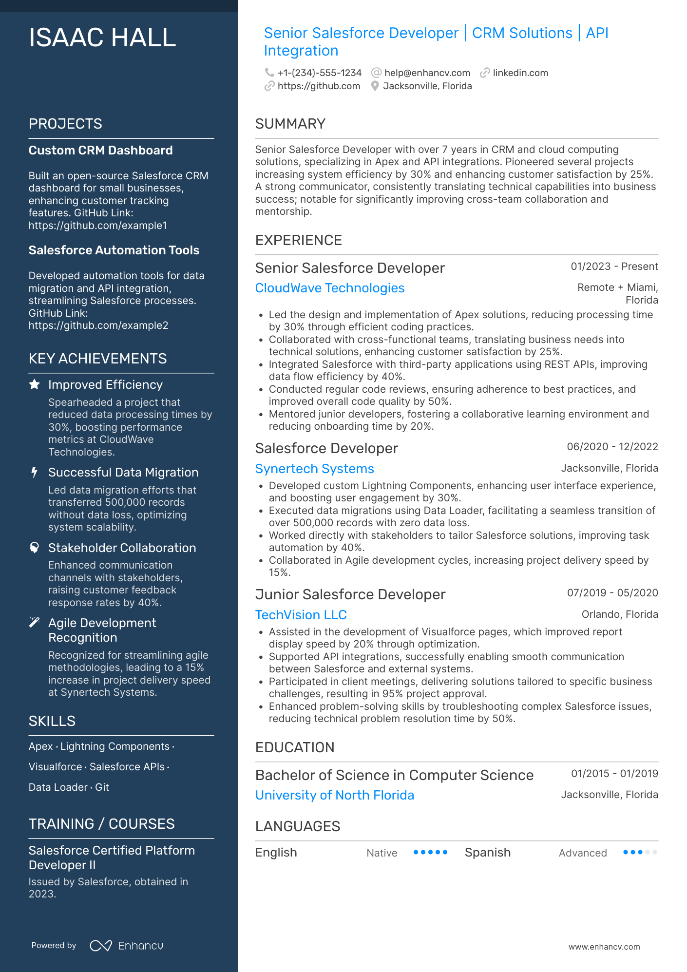 A resume example of a Senior Salesforce Developer