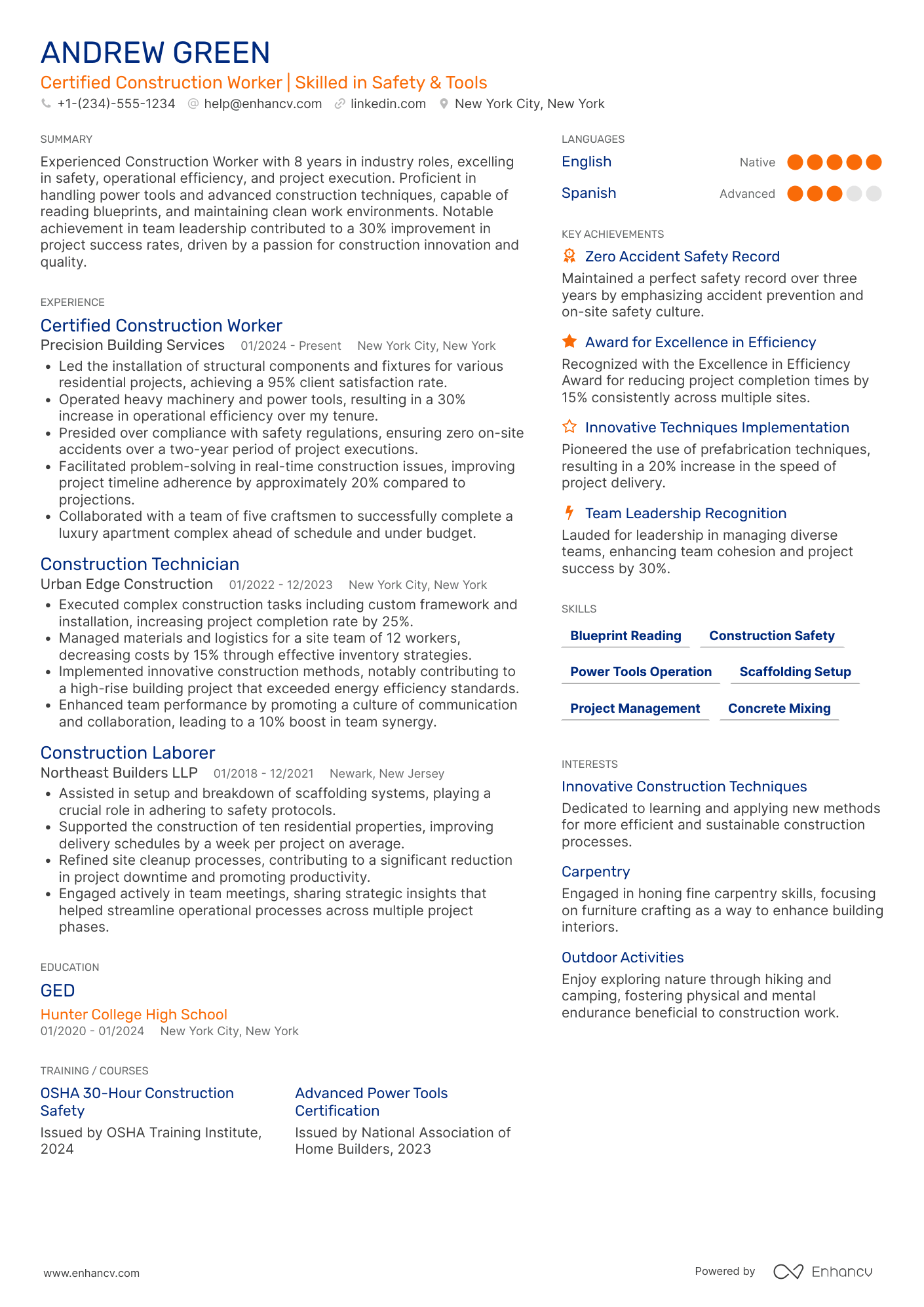 A resume example of a Certified Construction Worker