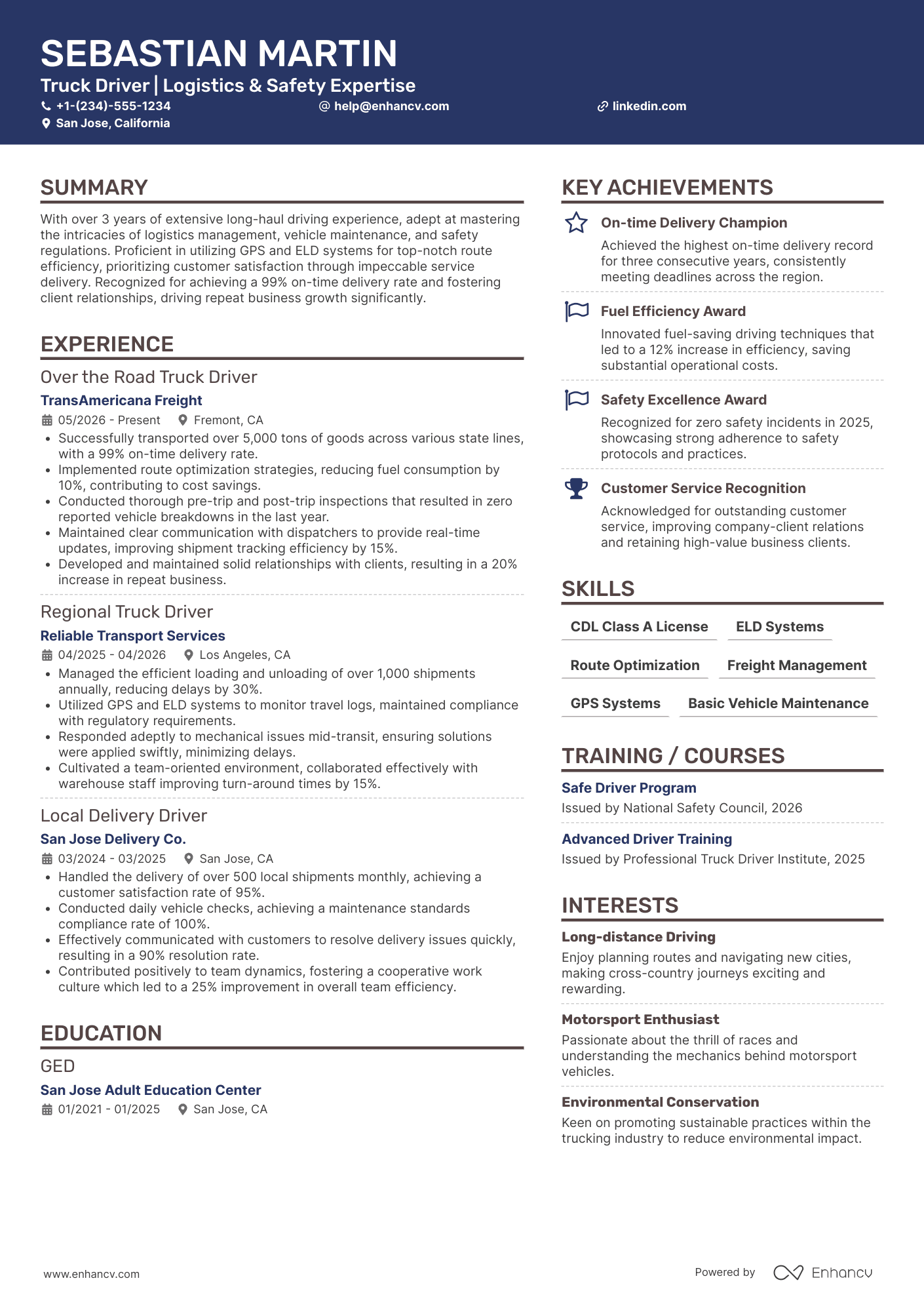 A resume example of a Over the Road Truck Driver