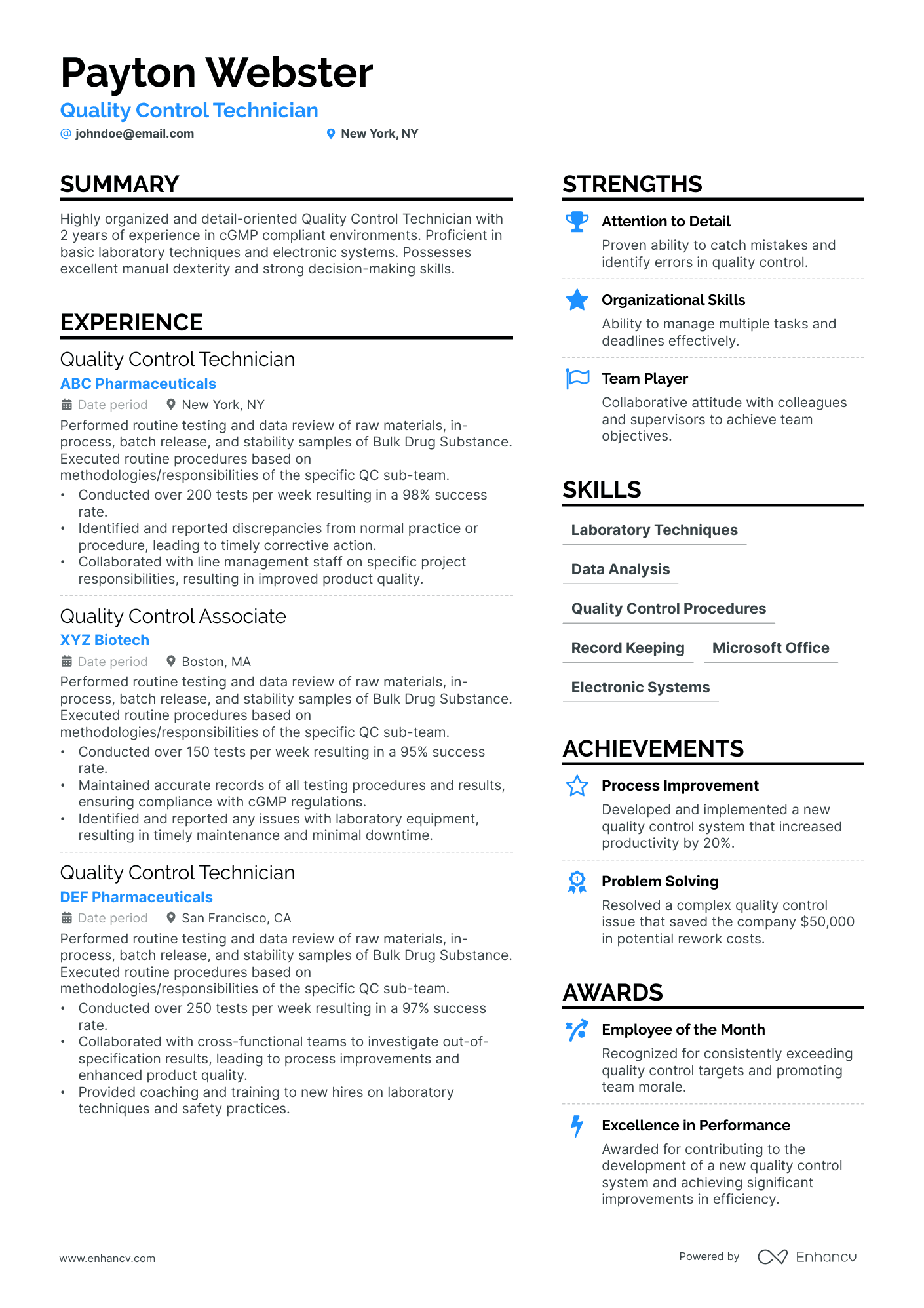 A resume example of a Quality Control Technician