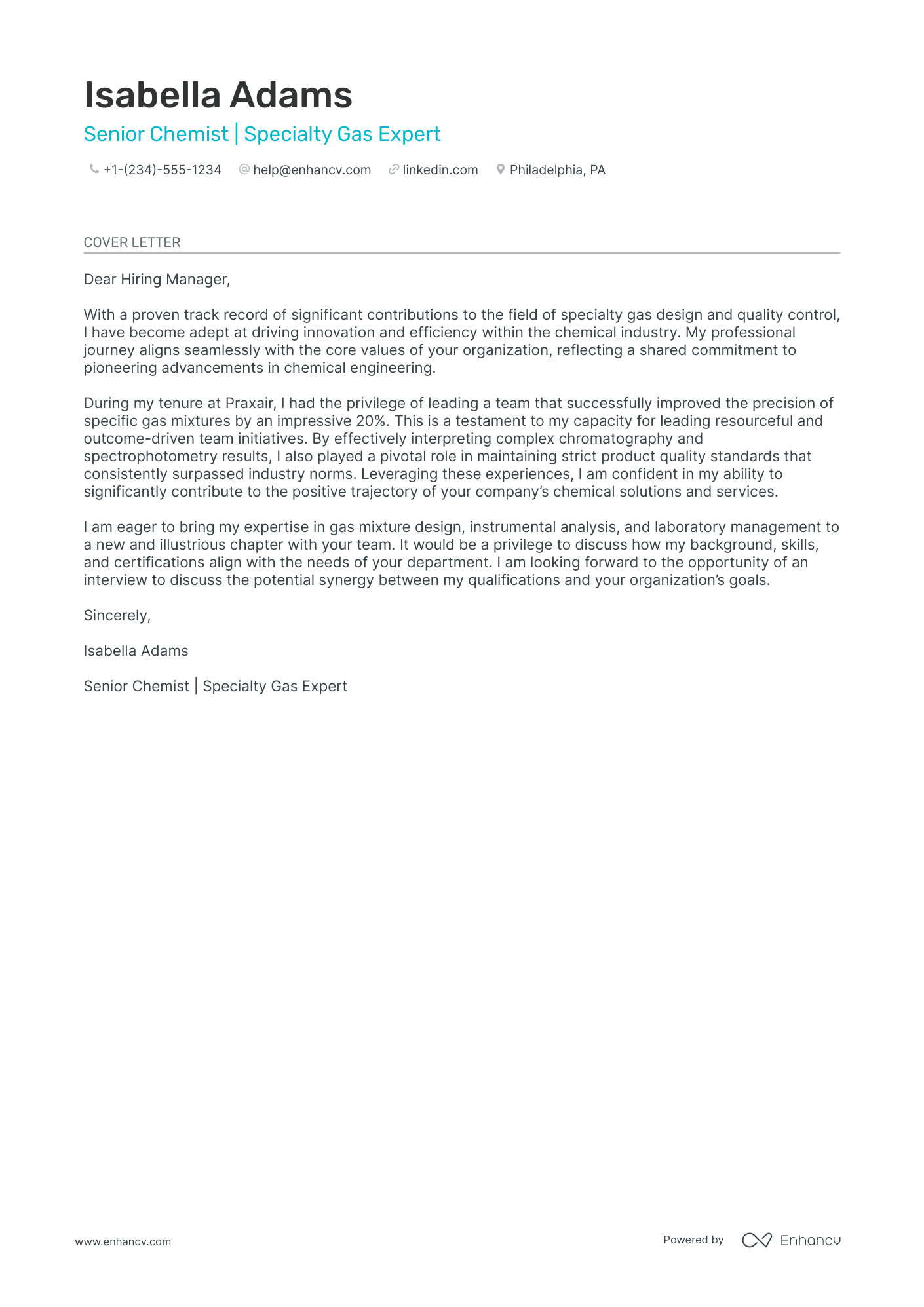 head of chemistry cover letter