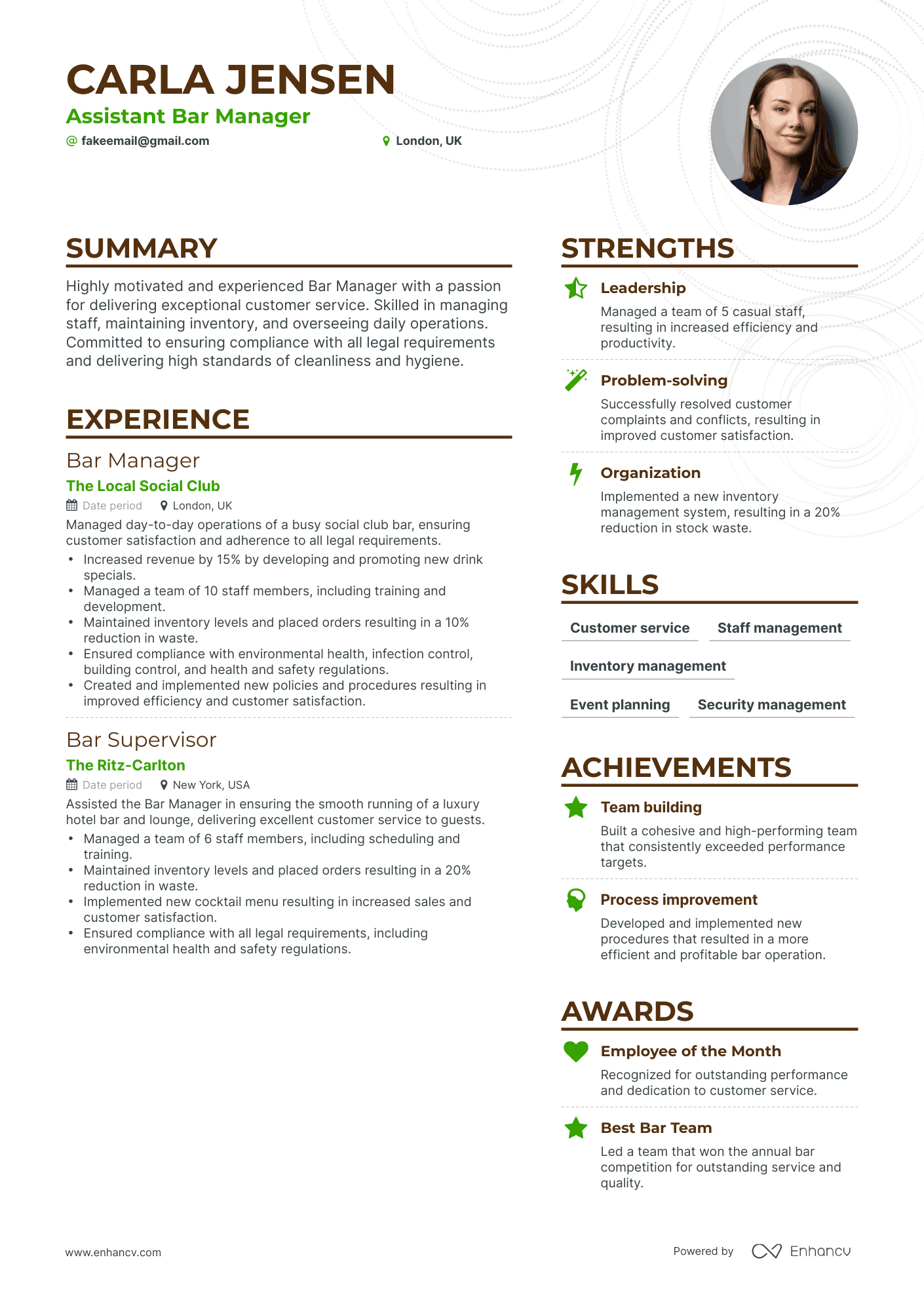 Simple Bar Manager Resume Template