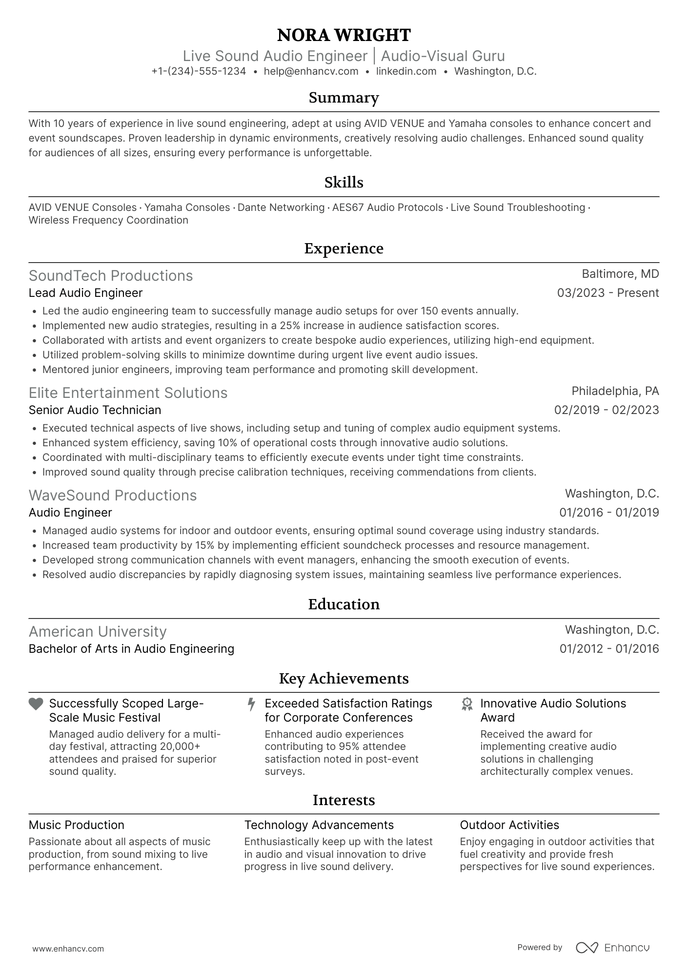 A resume example of a Live Sound Audio Engineer