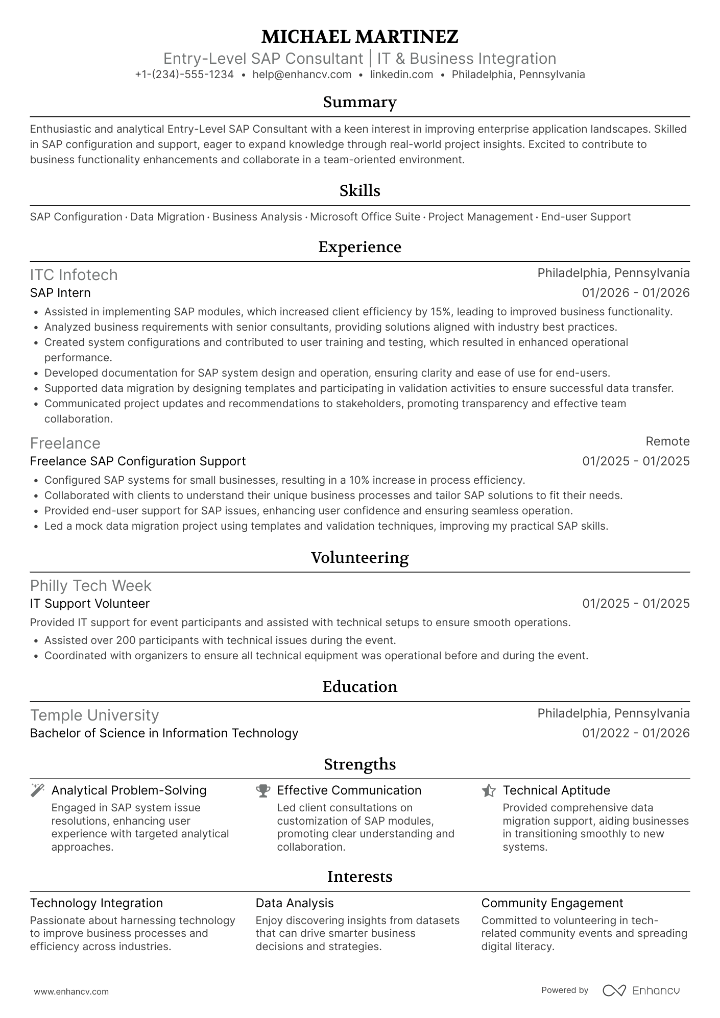 A resume example of a Entry Level SAP Consultant