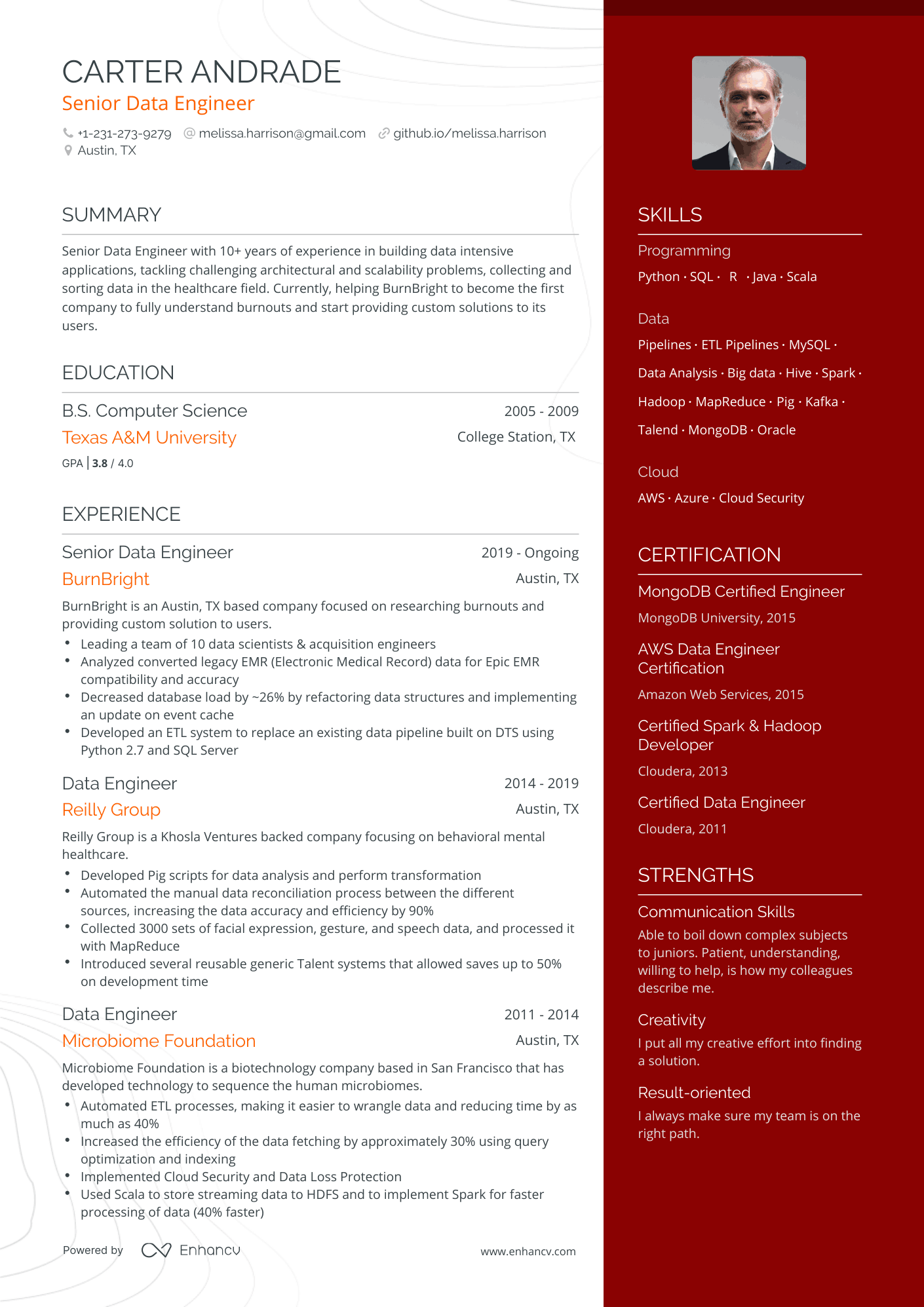 One Page Data Engineer Resume Template