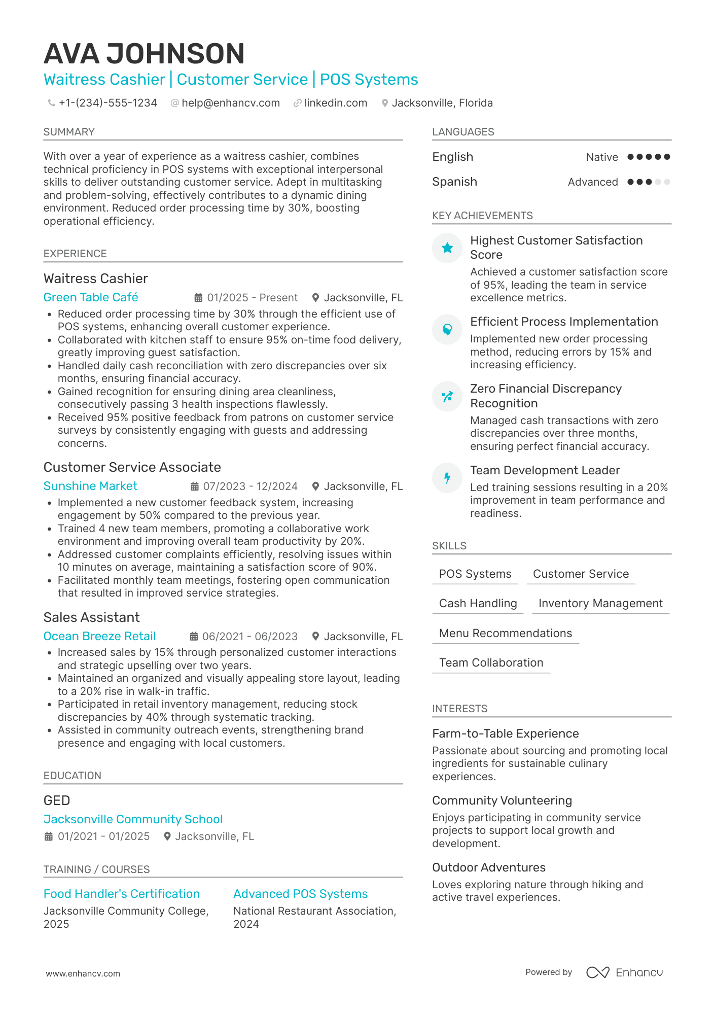 A resume example of a Waitress Cashier