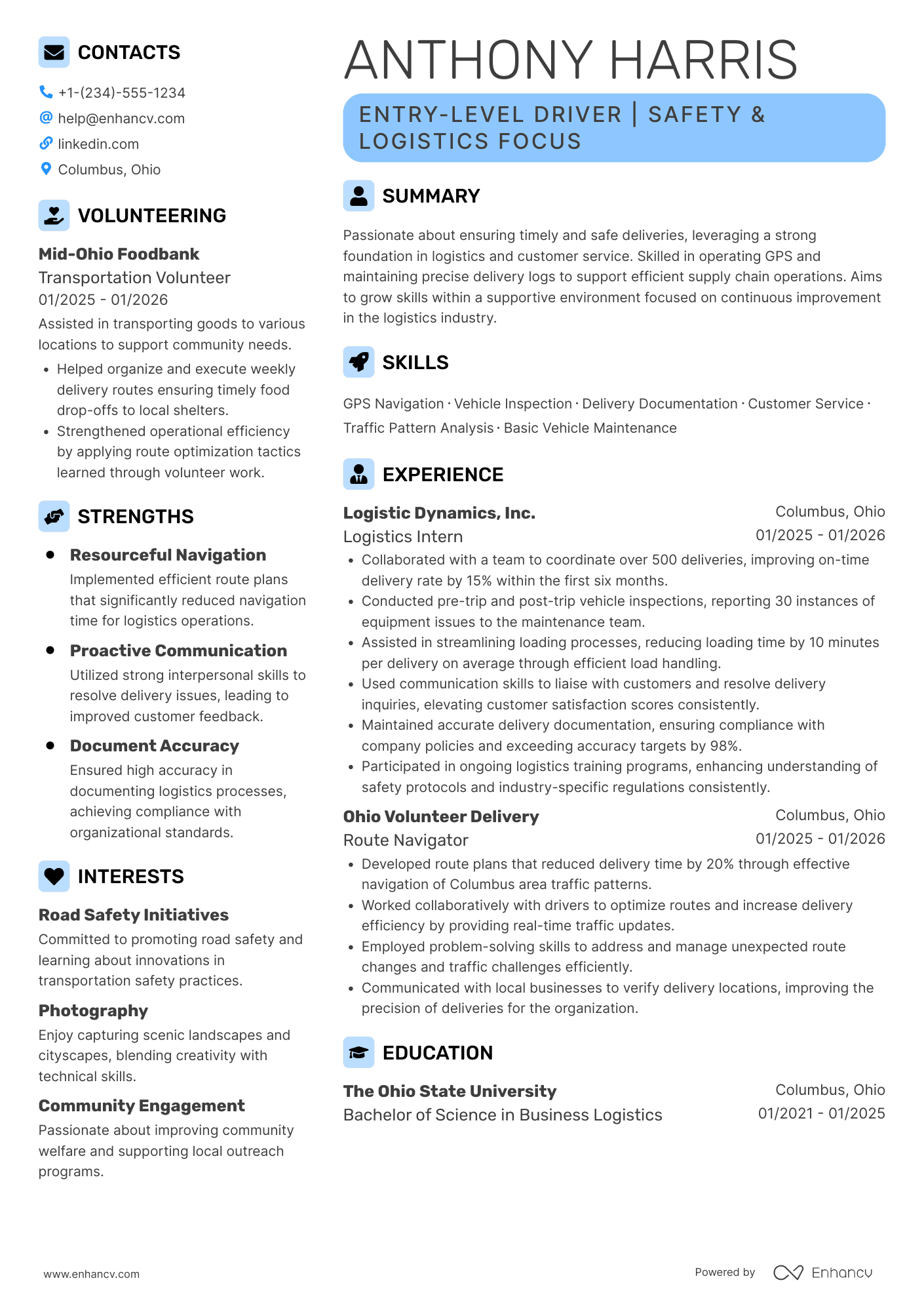 A resume example of a Entry Level Driver