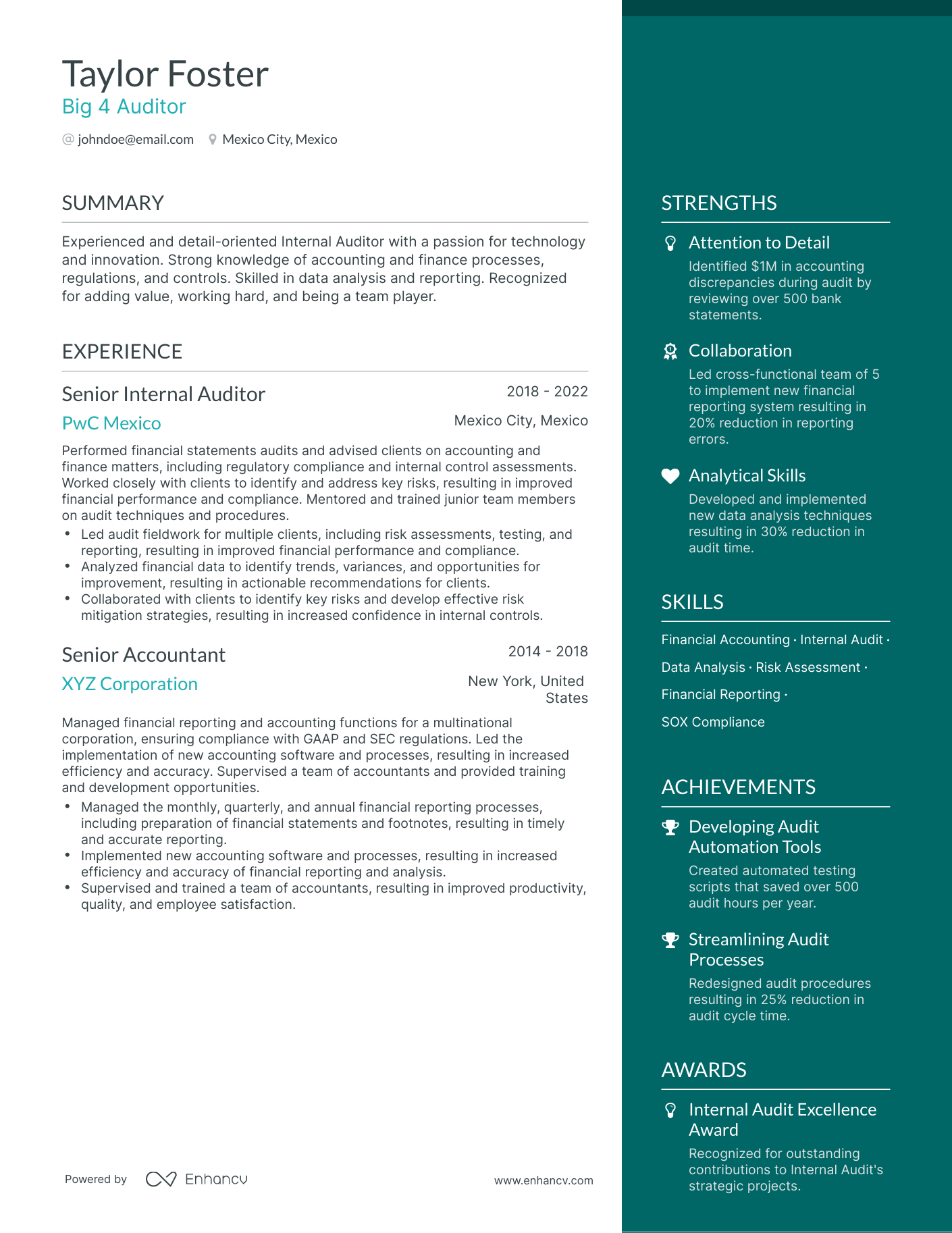 One Page Big 4 Auditor Resume Template