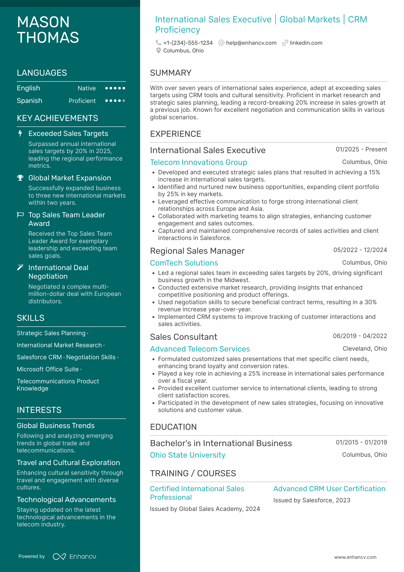 A resume example of a International Sales Executive