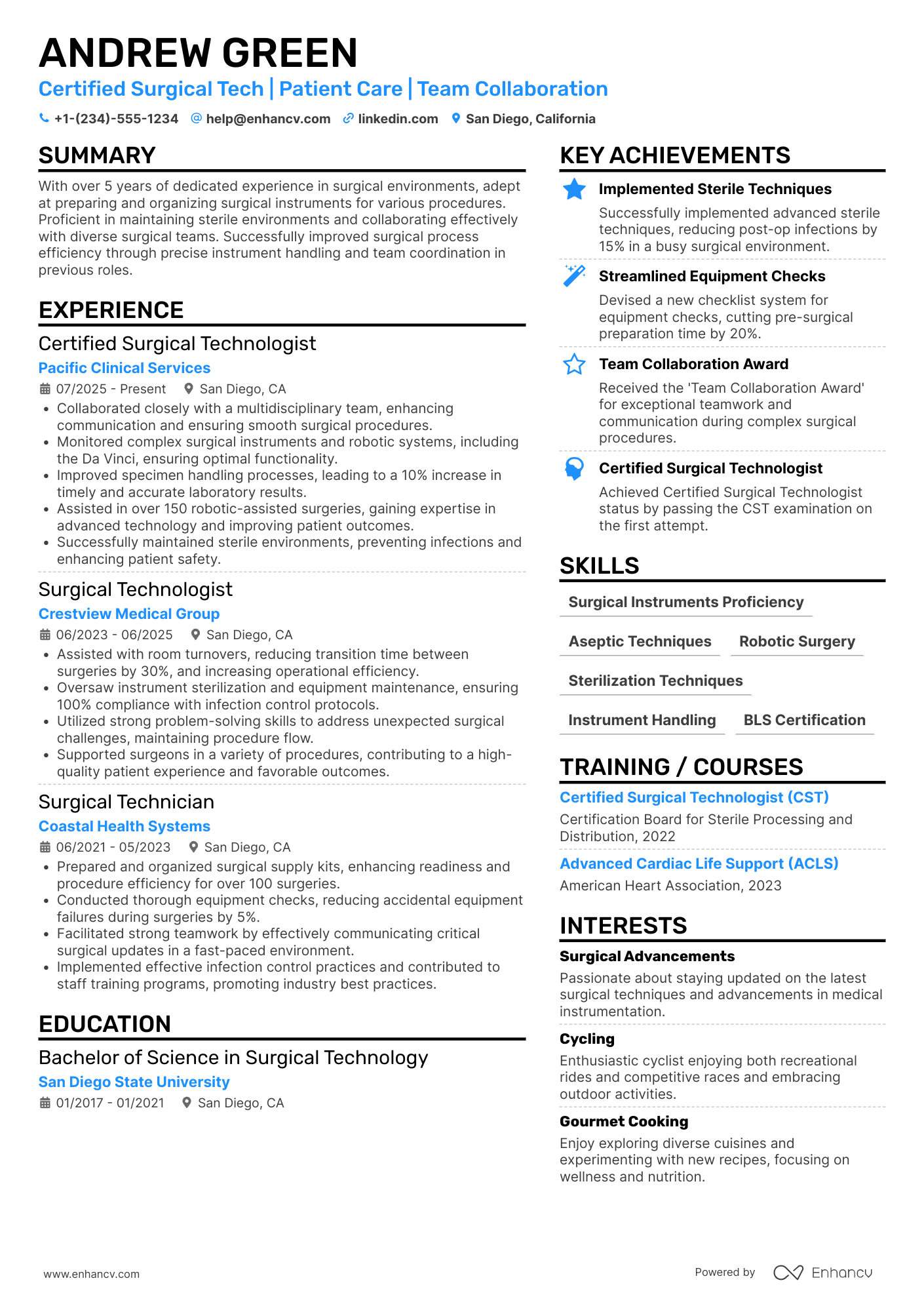 A resume example of a Certified Surgical Tech