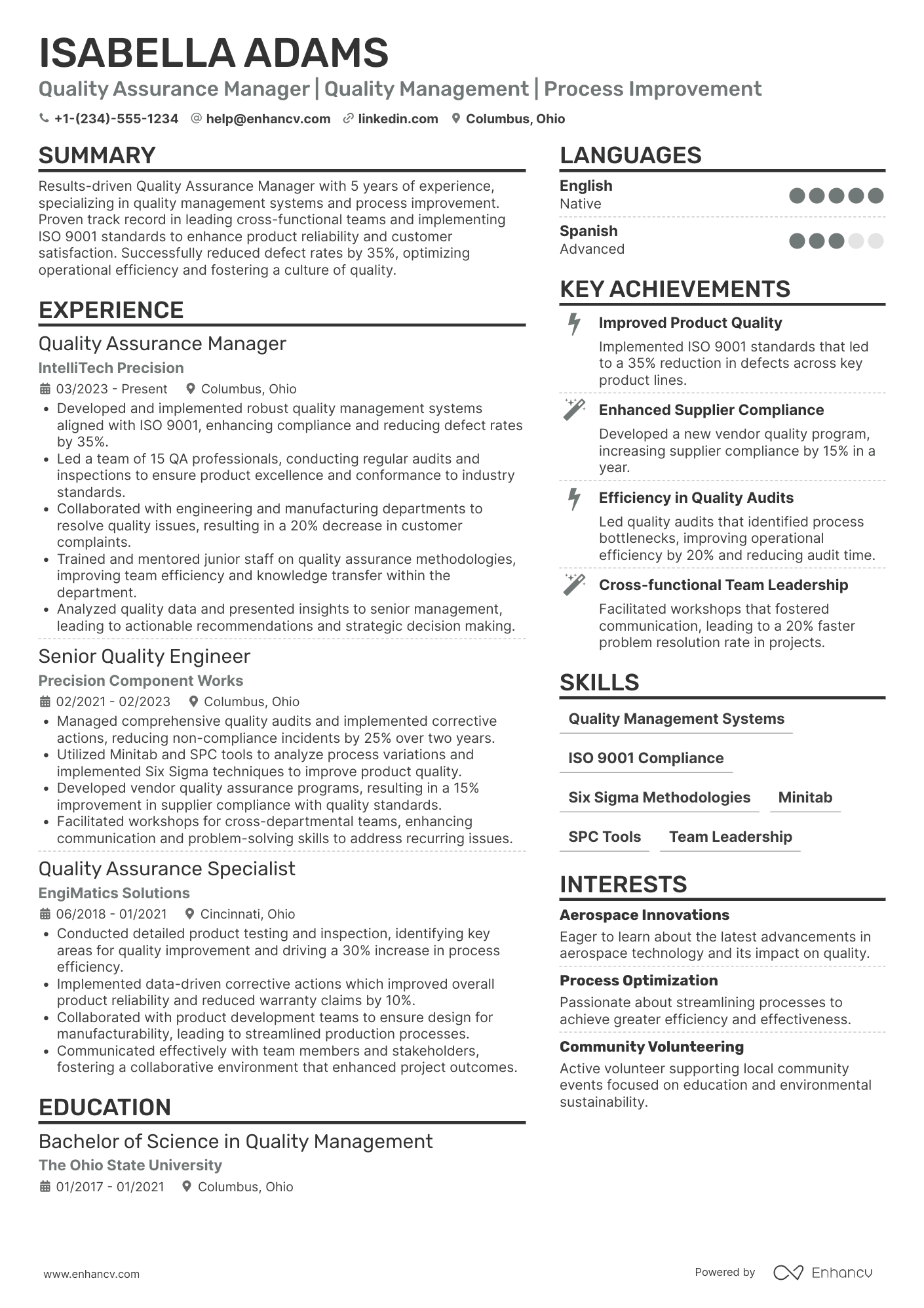 A resume example of a Quality Assurance Manager