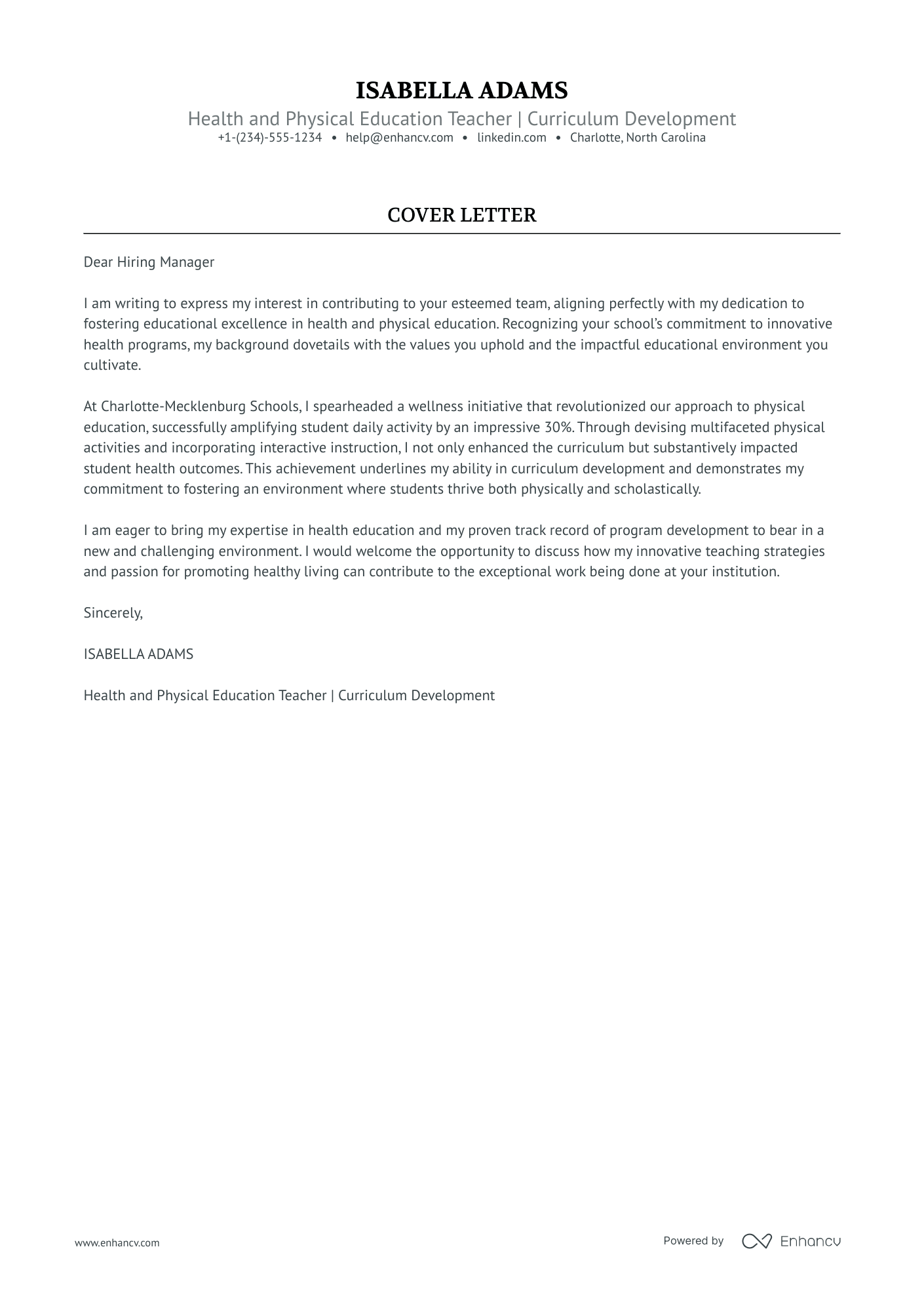 cover letter for physical education teacher with no experience