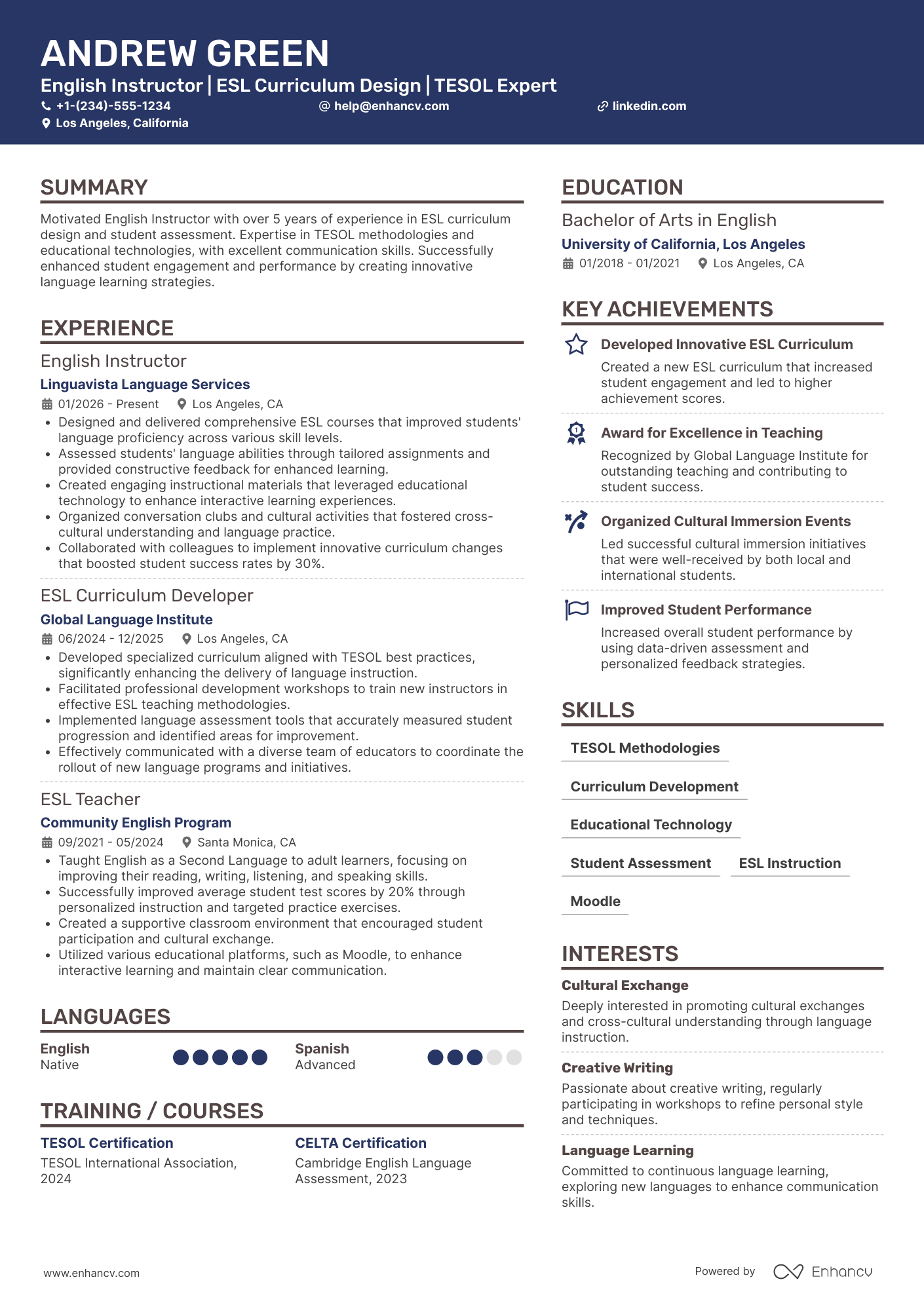 A resume example of a English Instructor