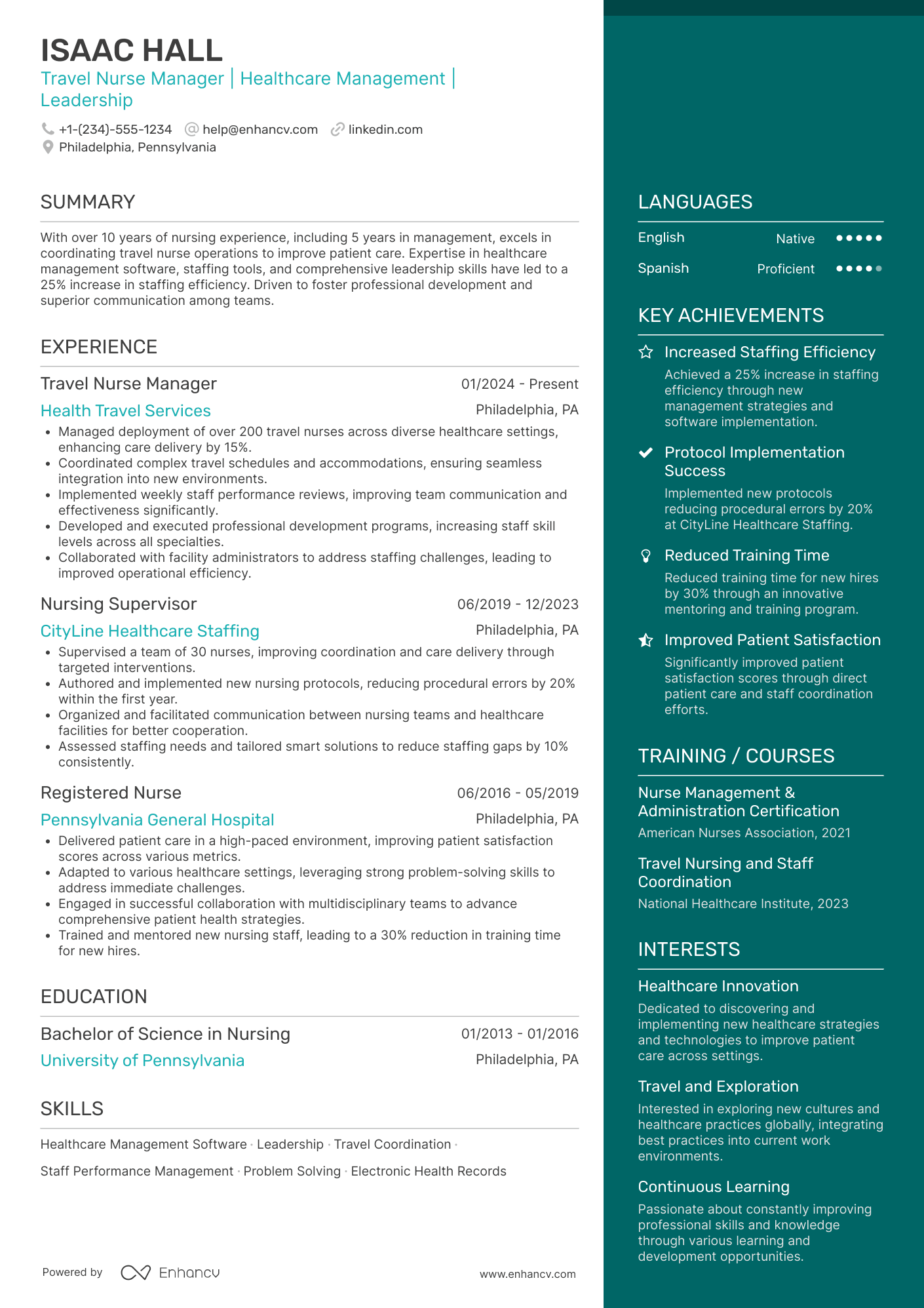 A resume example of a Travel Nurse Manager