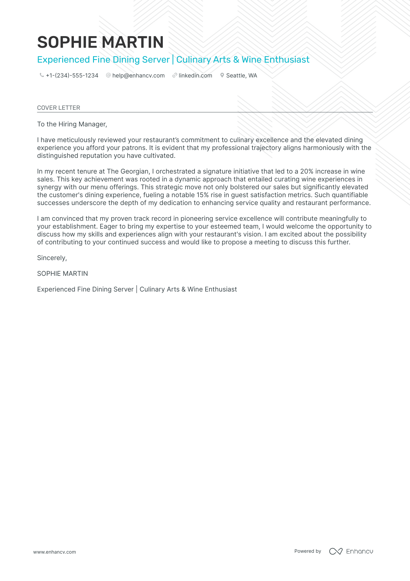 cover letter for server position with no experience