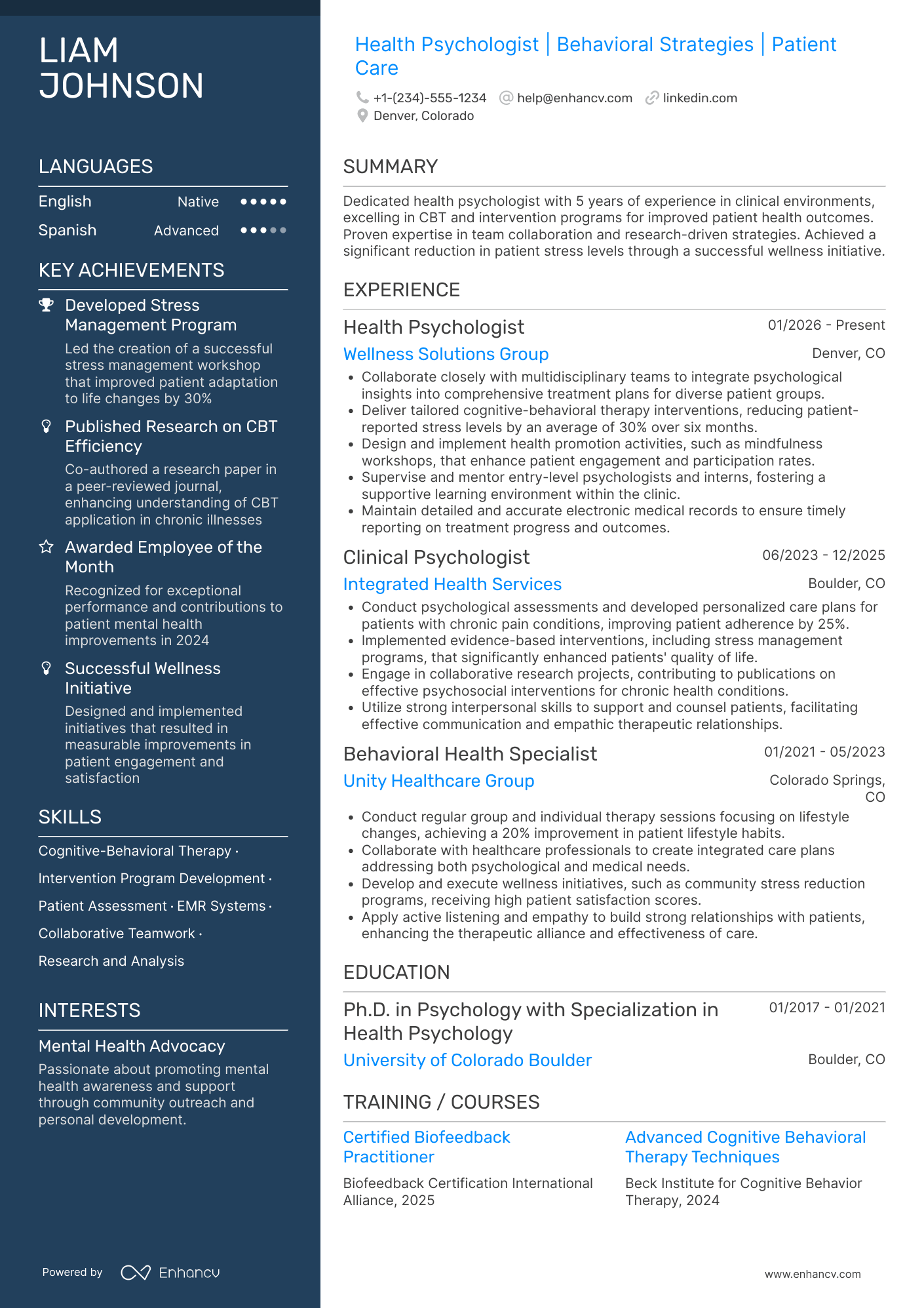 A resume example of a Health Psychologist